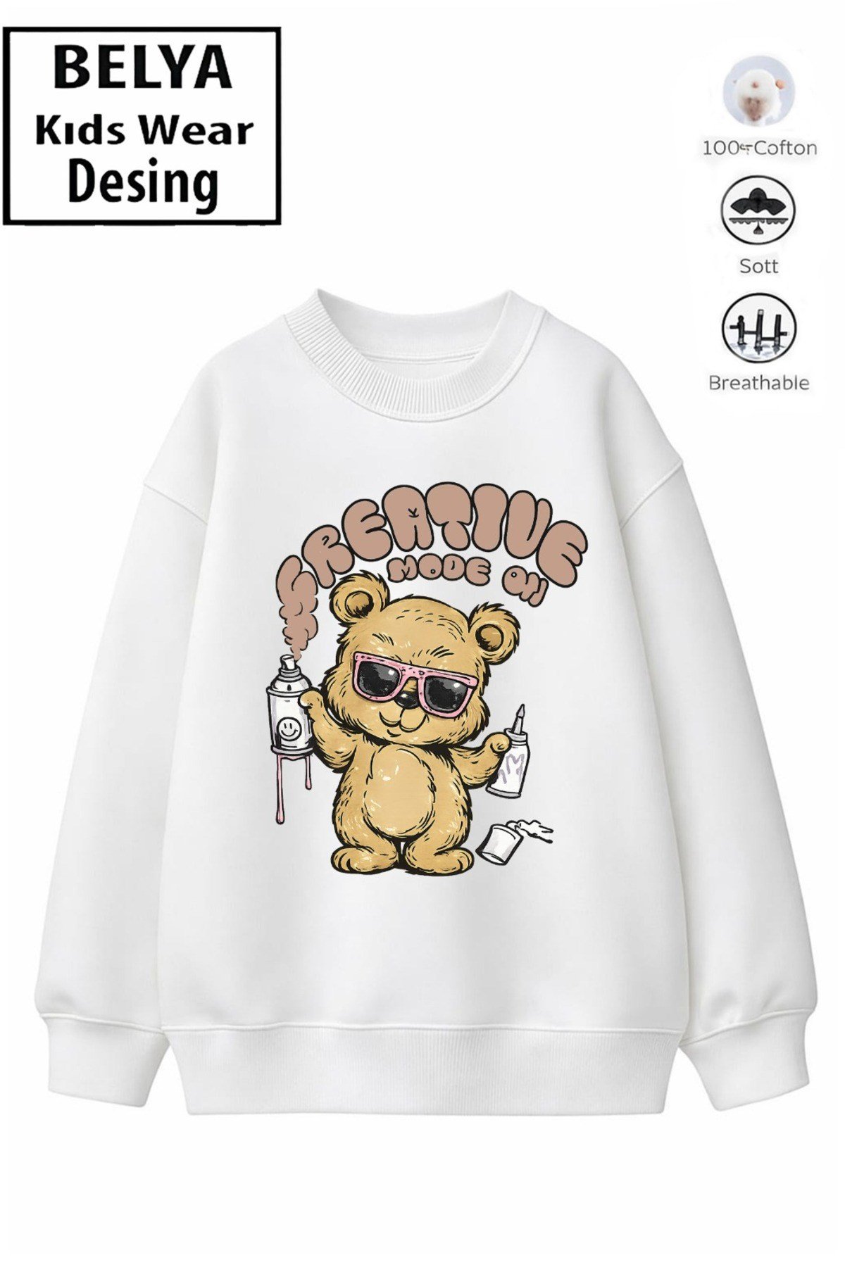 Trend Çocuk Unisex Model Tam Kalıp Oversize Ayıcık Tasarım 2 İplik Pamuğa Pamuk Kumaş Sweatshirt 3