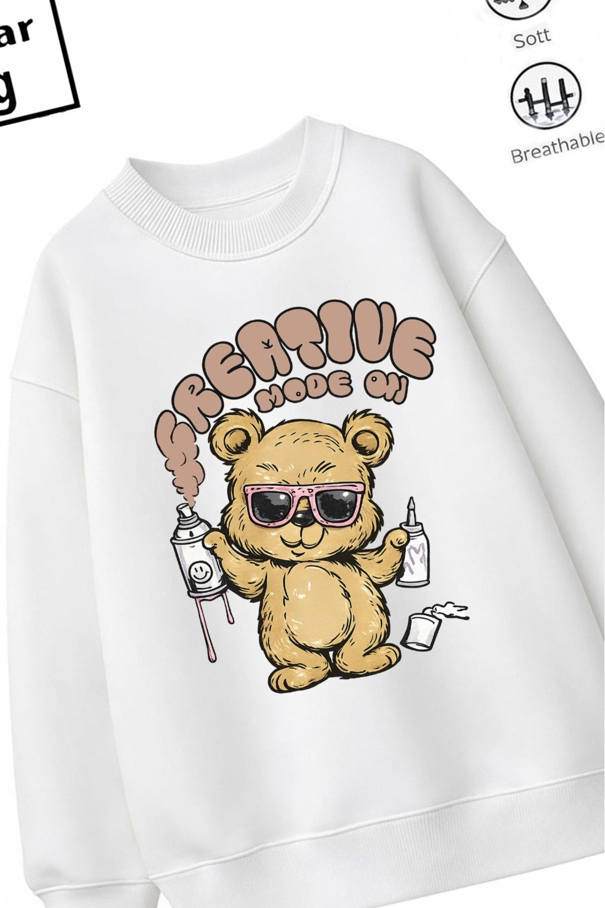 Trend Çocuk Unisex Model Tam Kalıp Oversize Ayıcık Tasarım 2 İplik Pamuğa Pamuk Kumaş Sweatshirt 3