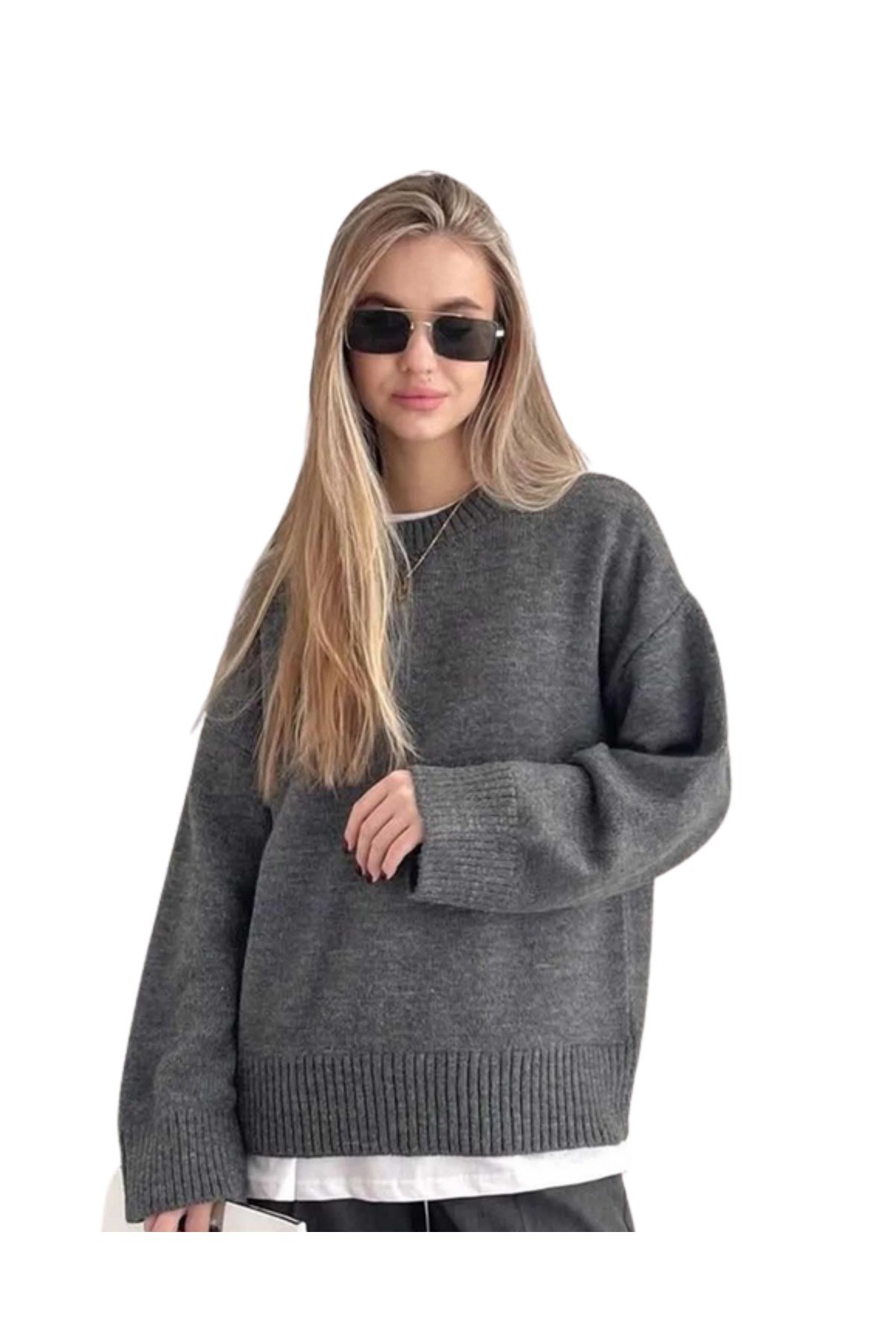 Antrasit  Bisiklet Yaka Oversize Kadın Triko  Kazak