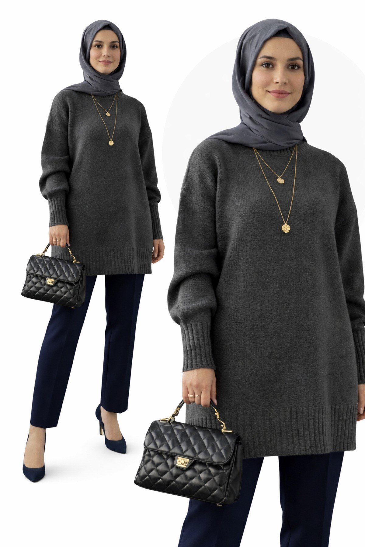 Antrasit Bisiklet Yaka Oversize Kadın Triko Kazak Tunik