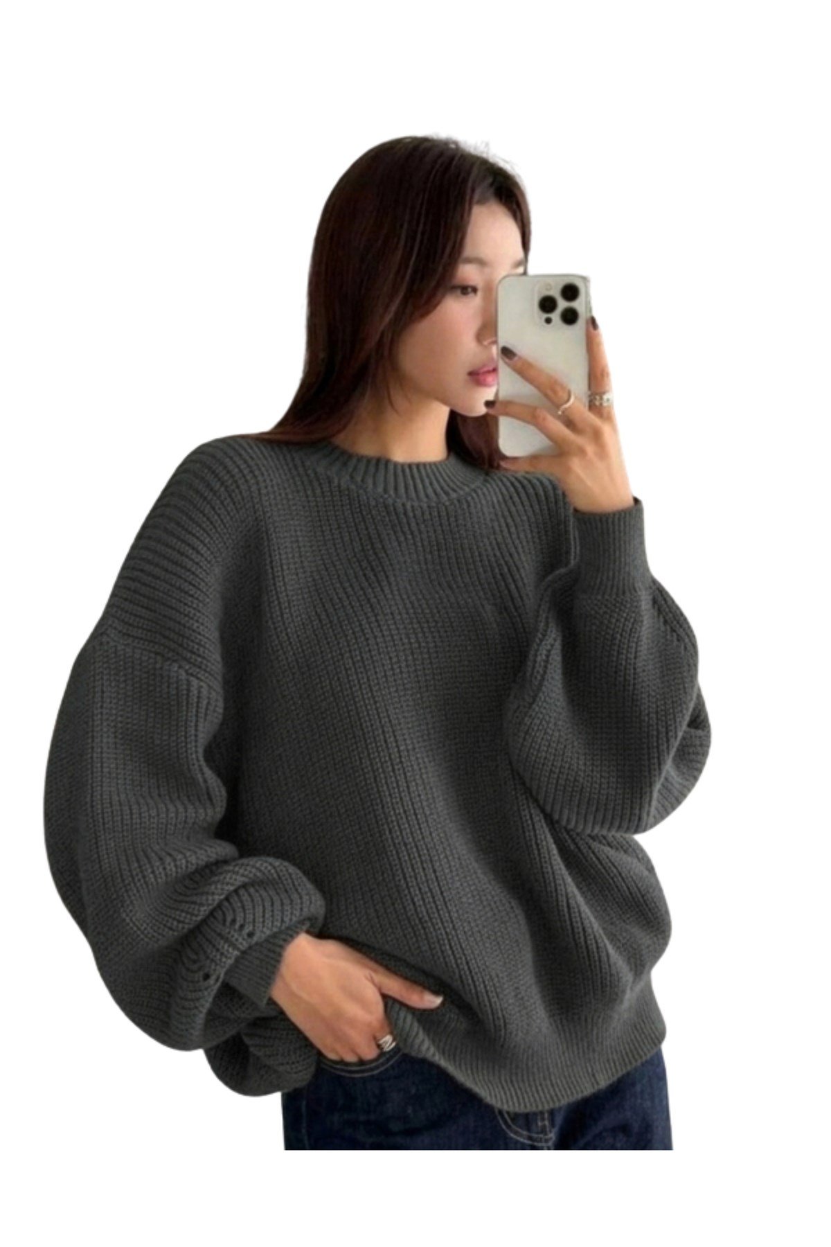 Antrasit Bisiklet Yaka Oversize Kadın Triko Kazak