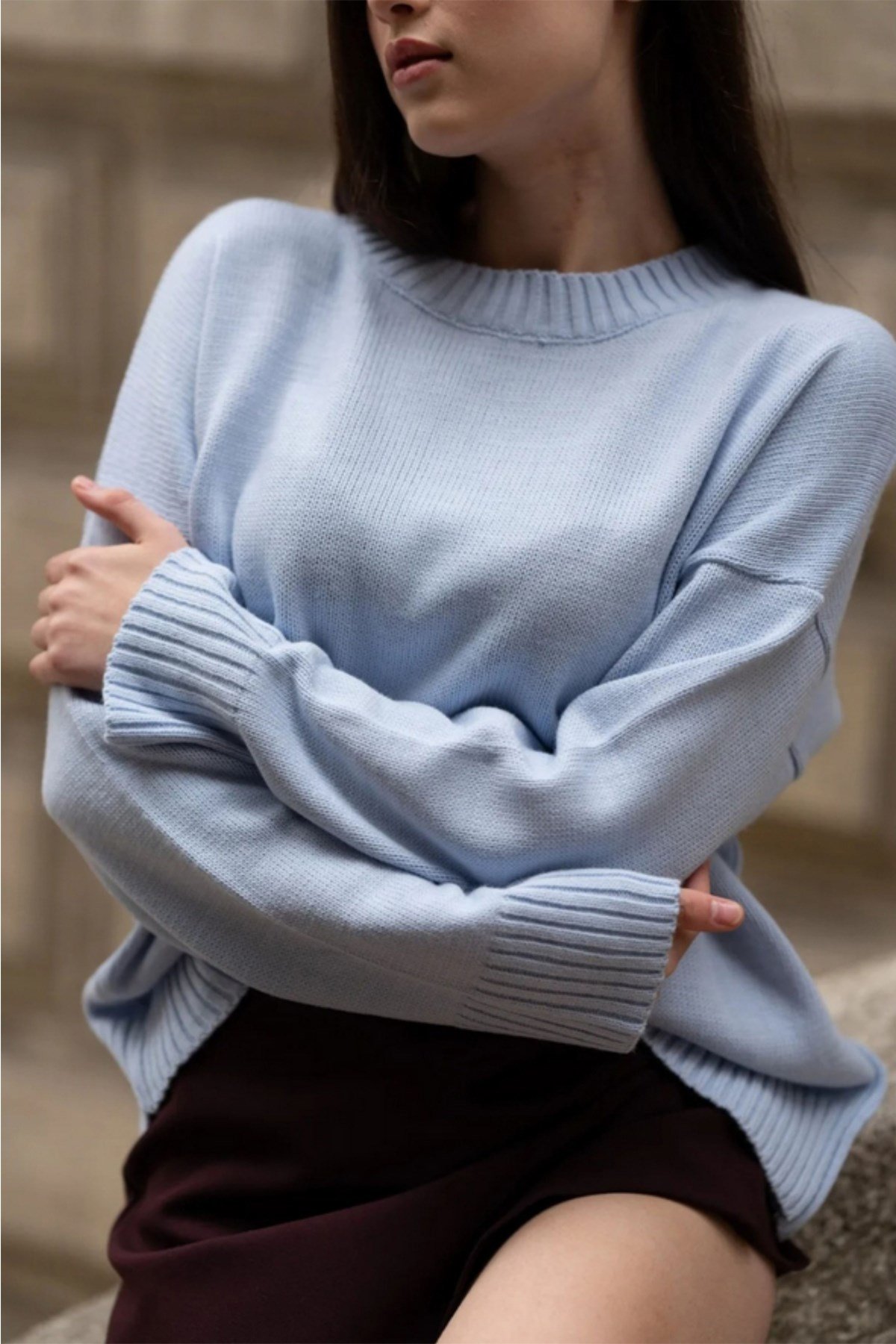 Bebe Mavi Bisiklet Yaka Oversize Kadın Triko Kazak