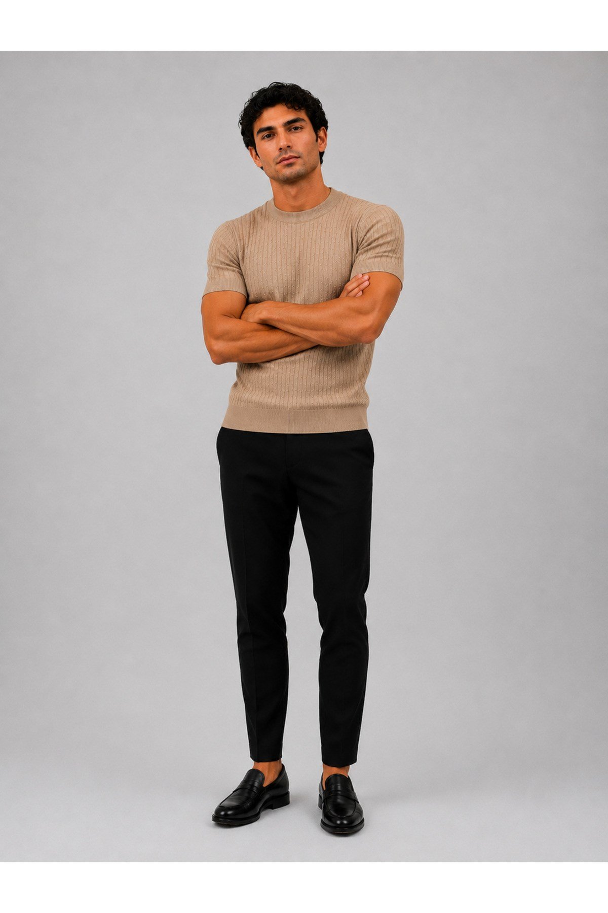 Bej Bisiklet Yaka Saç Örgü Desenli Kısa Kol Slim Fit Erkek T-shirt