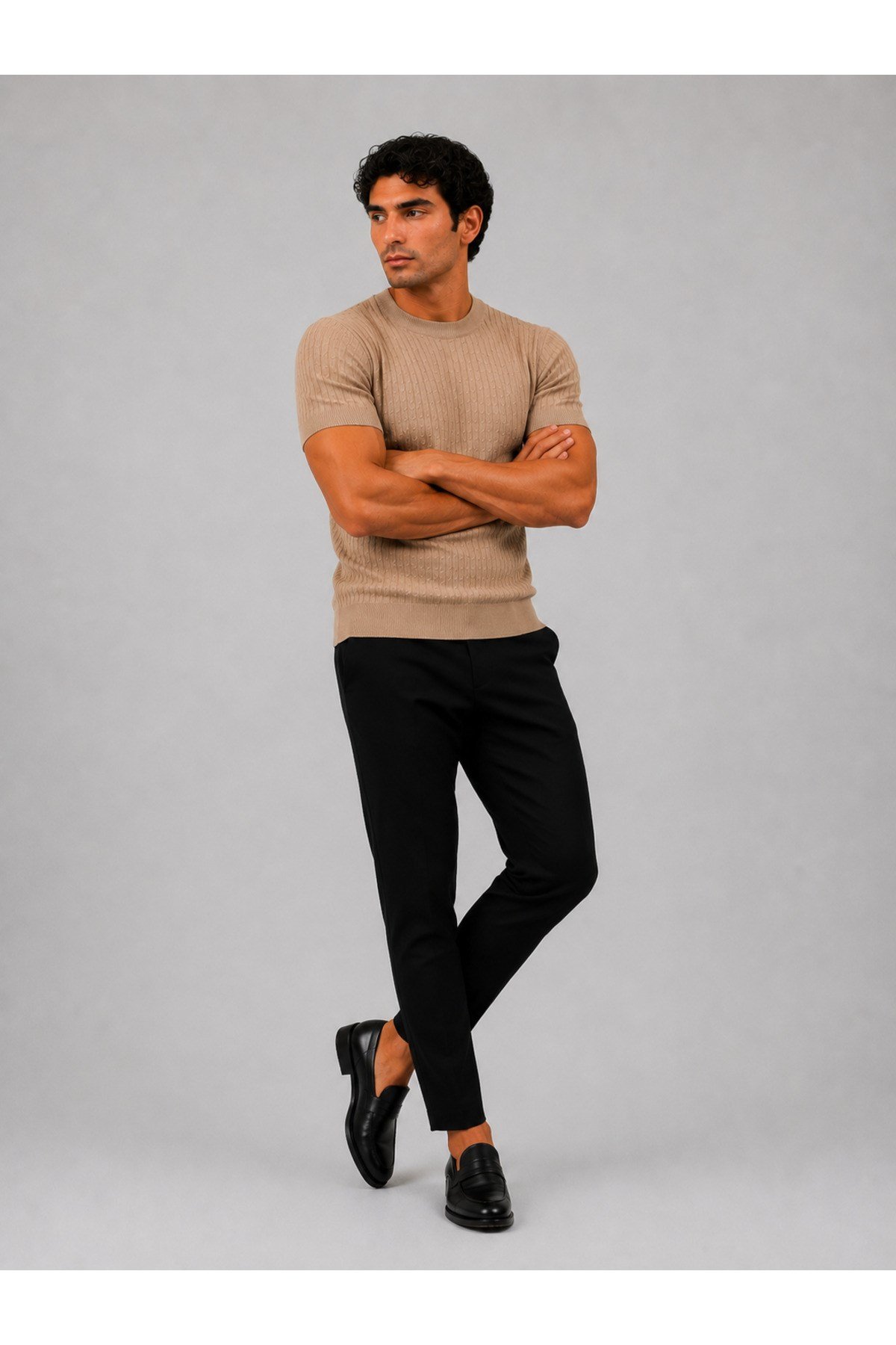 Bej Bisiklet Yaka Saç Örgü Desenli Kısa Kol Slim Fit Erkek T-shirt