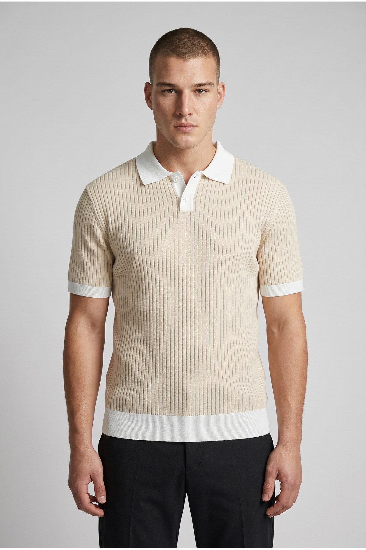 Bej Polo Yaka Düğmeli Kısa Kol Erkek T-shirt