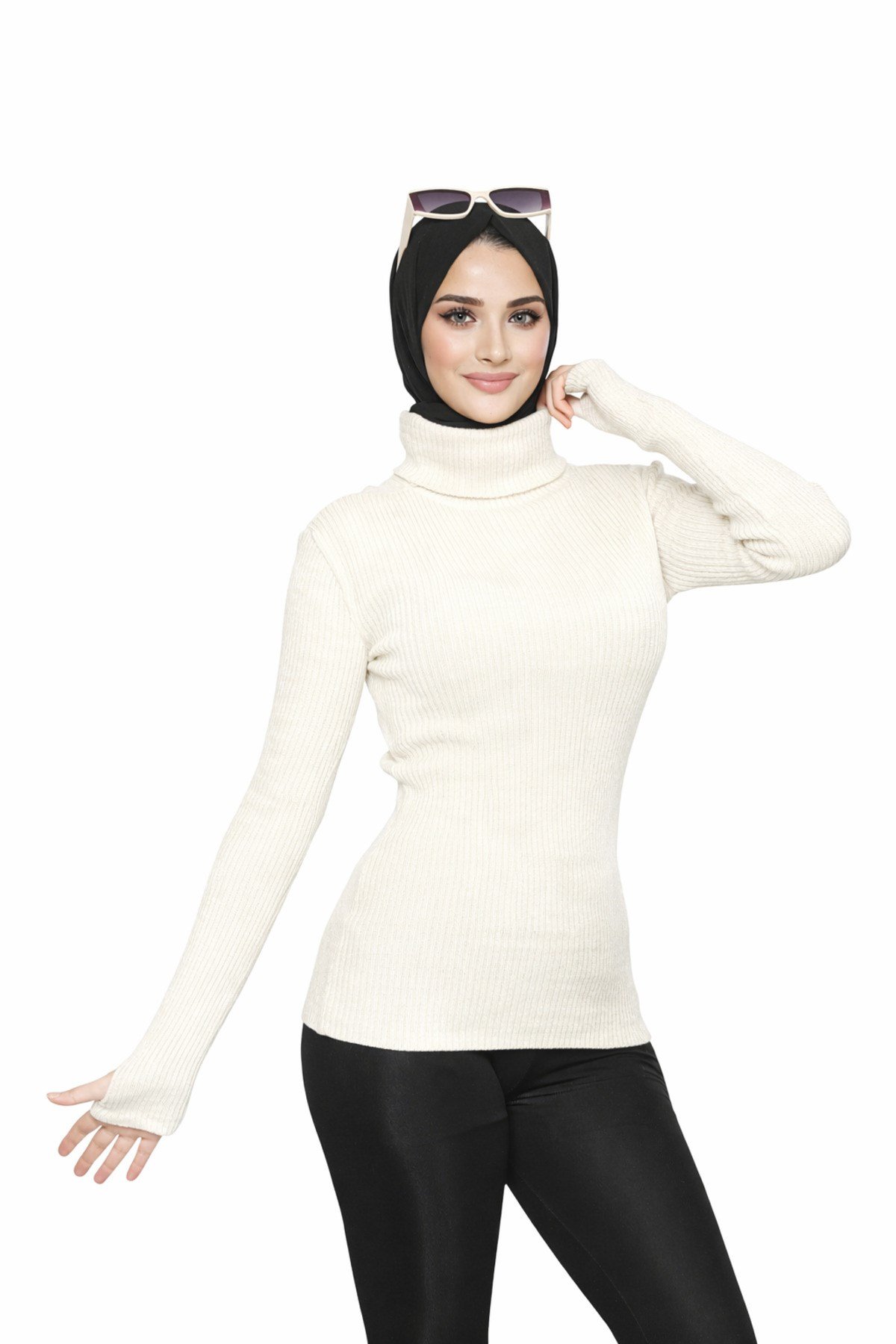 Beyaz Balıkçı Yaka Parmak Detaylı Premium Kurtarıcı Body Kazak