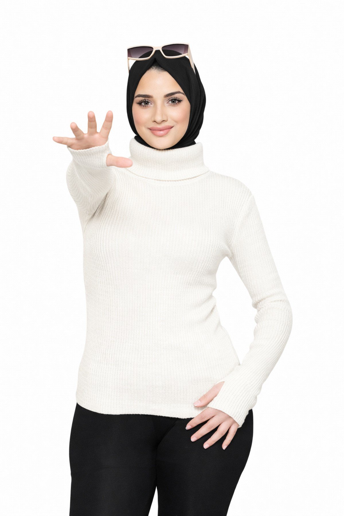 Beyaz Balıkçı Yaka Parmak Detaylı Premium Kurtarıcı Body Kazak