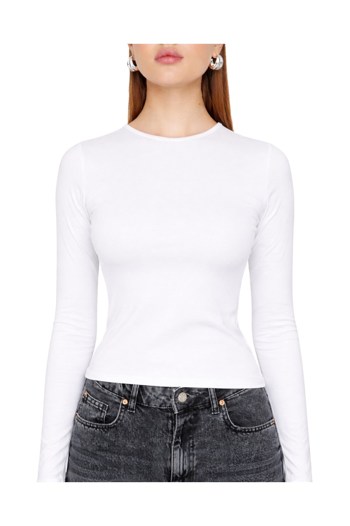 Beyaz Bisiklet Yaka Basic Ultra Soft Kadın Uzun Kol Body
