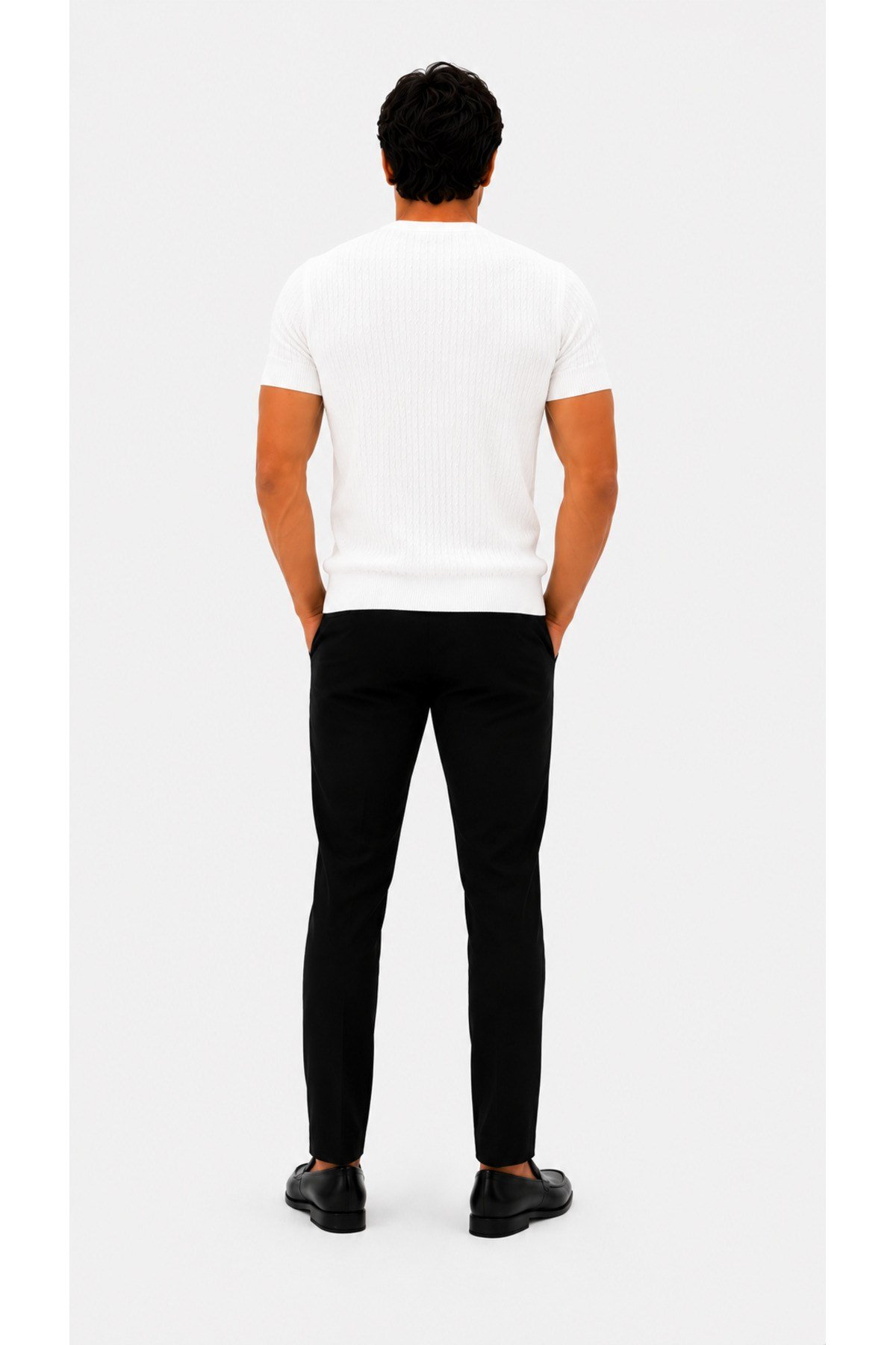 Beyaz Bisiklet Yaka Saç Örgü Desenli Kısa Kol Slim Fit Erkek T-shirt