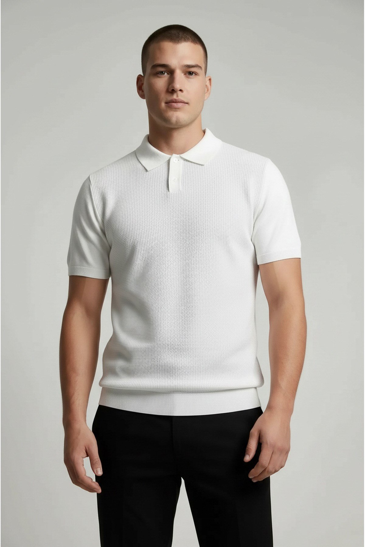 Beyaz Erkek Polo Yaka Düğmeli Kısa Kol T-Shirt