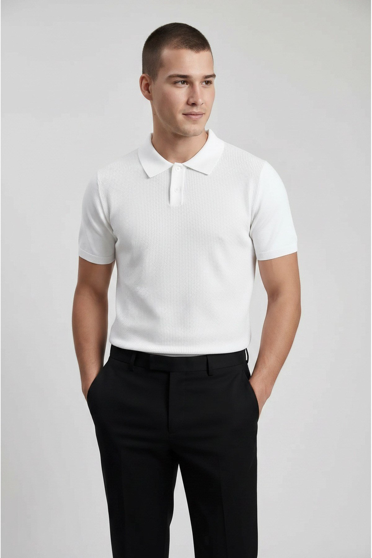 Beyaz Erkek Polo Yaka Düğmeli Kısa Kol T-Shirt