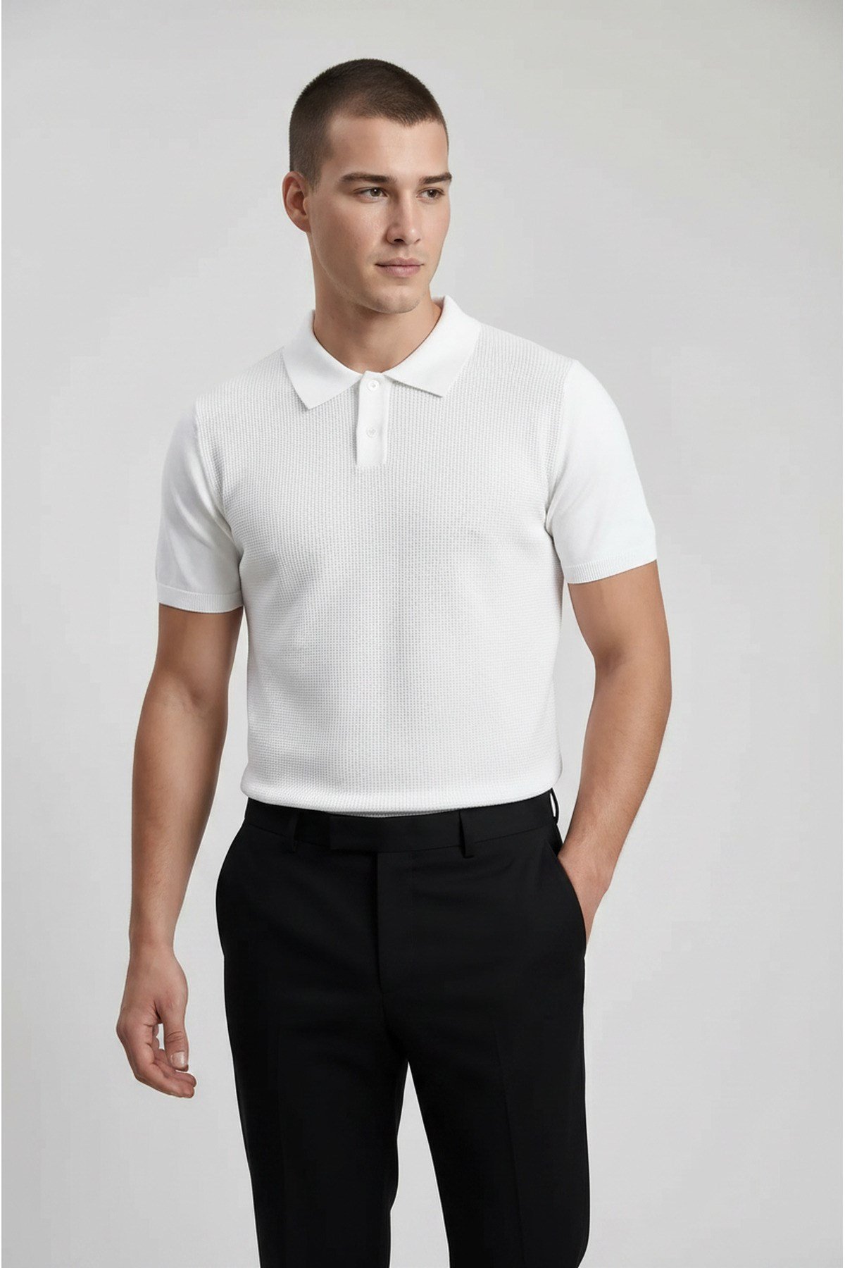 Beyaz Erkek Polo Yaka Düğmeli Kısa Kol T-Shirt