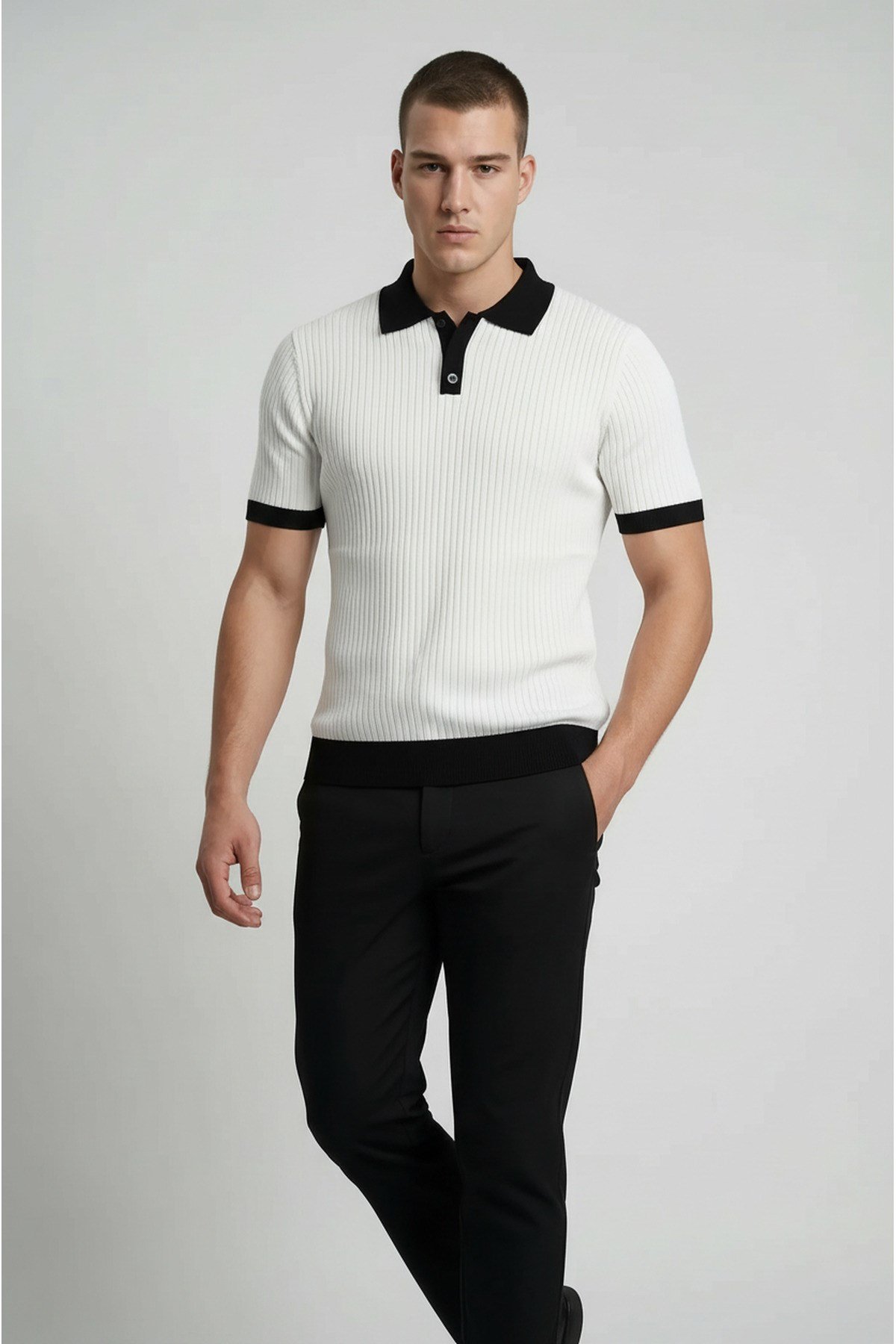 Beyaz Polo Yaka Düğmeli Kısa Kol Erkek T-shirt