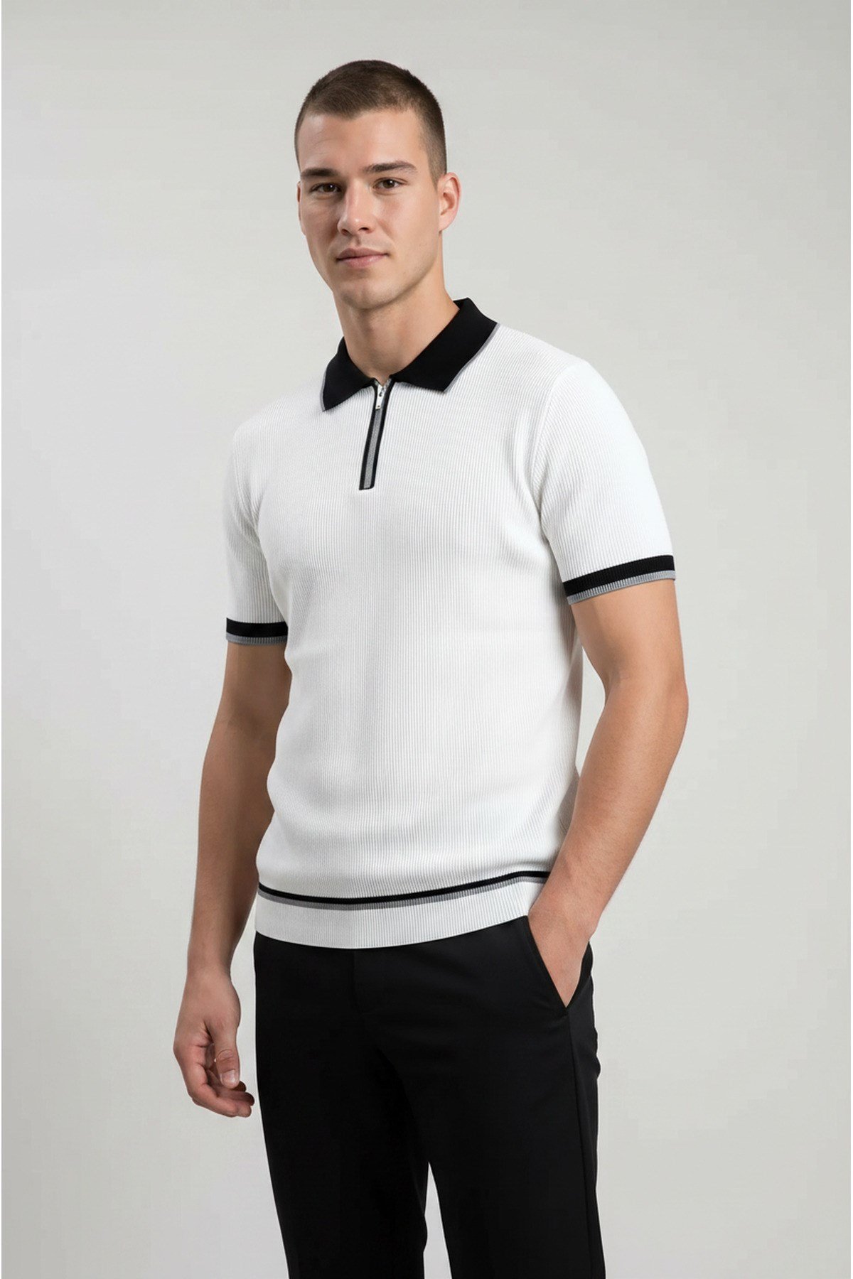 Beyaz Polo Yaka Fermuarlı Kısa Kol Erkek T-shirt