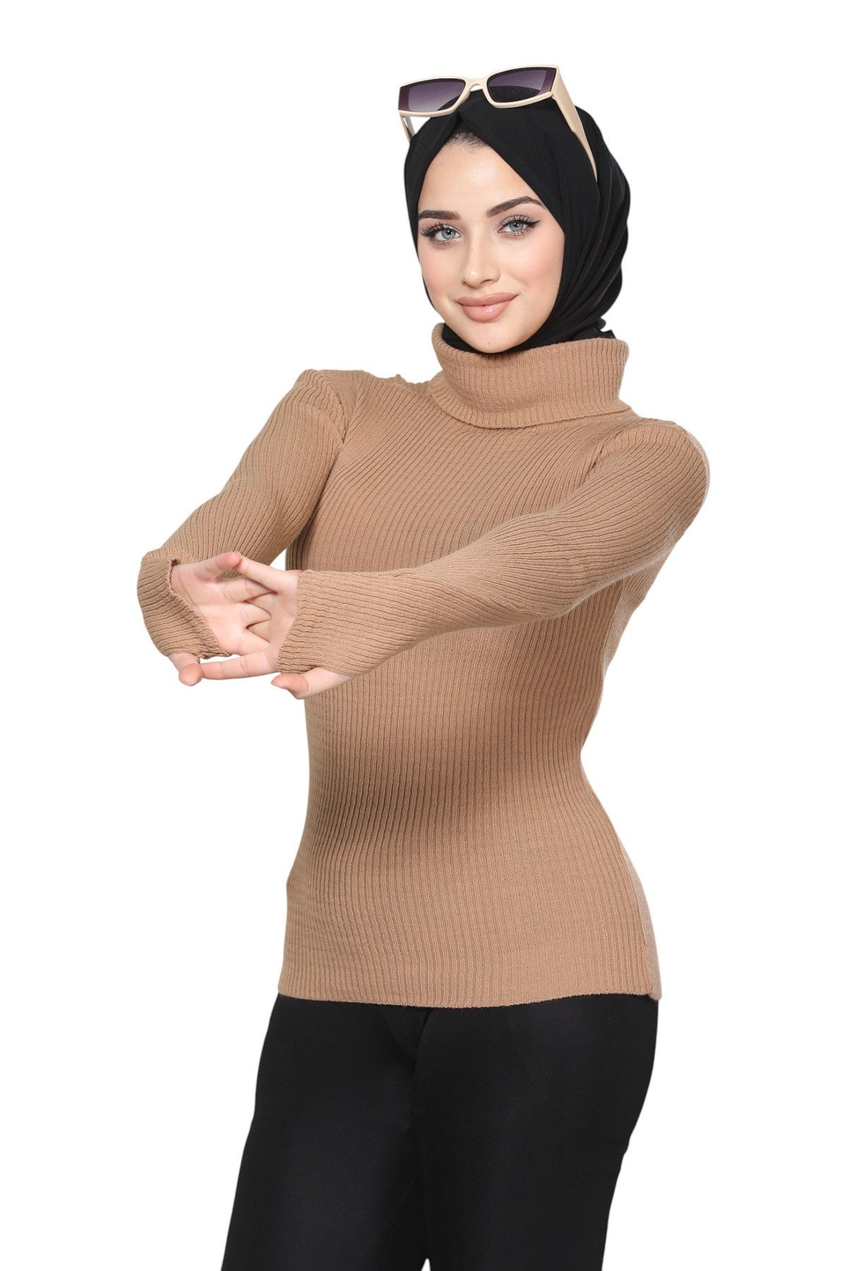 Bisküvi Balıkçı Yaka Parmak Detaylı Premium Kurtarıcı Body Kazak
