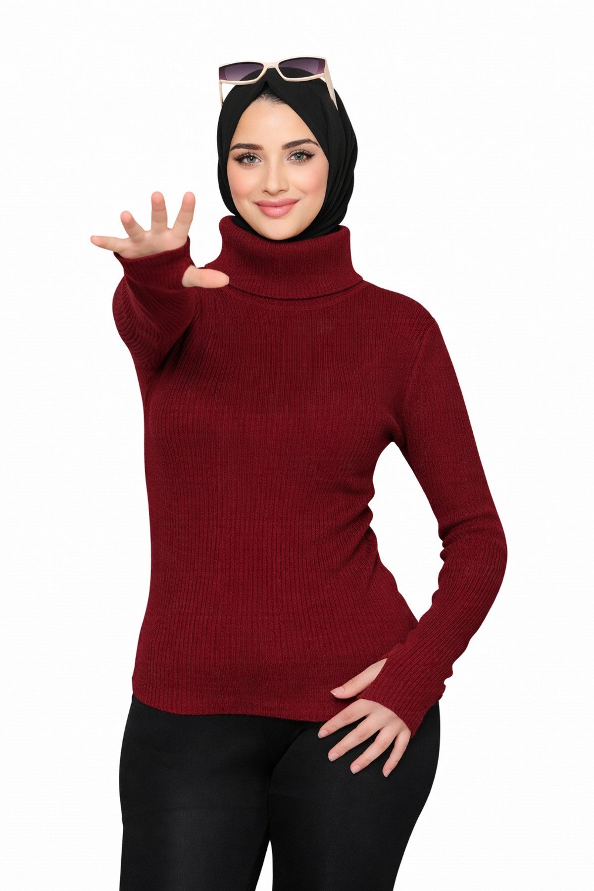 Bordo Balıkçı Yaka Parmak Detaylı Premium Kurtarıcı Body Kazak