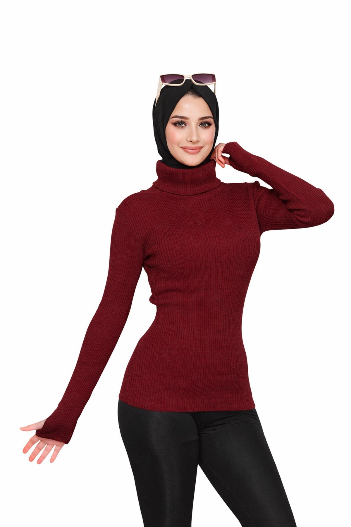Bordo Balıkçı Yaka Parmak Detaylı Premium Kurtarıcı Body Kazak