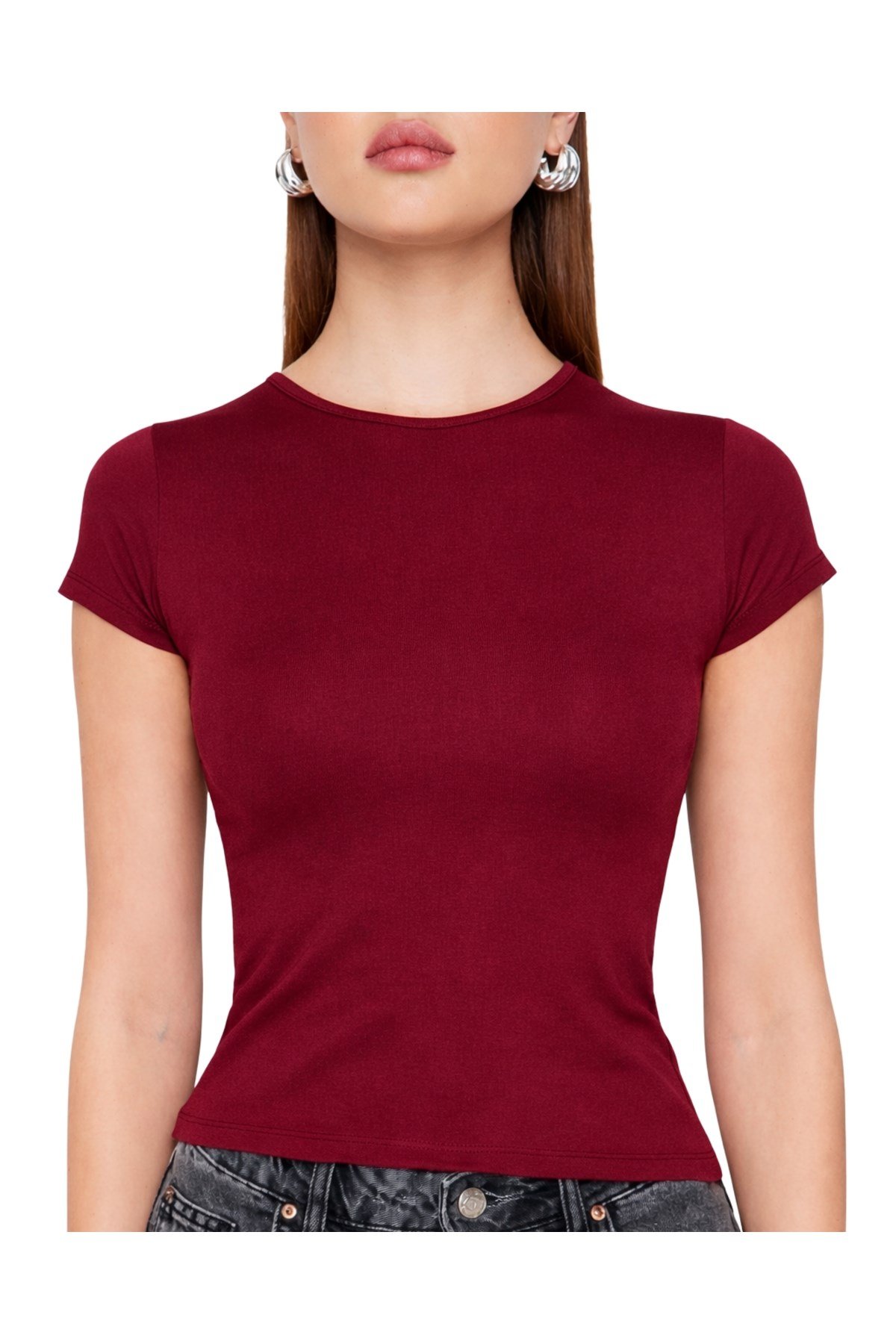 Bordo Bisiklet Yaka Basic Ultra Soft Kadın Kısa Kol Body