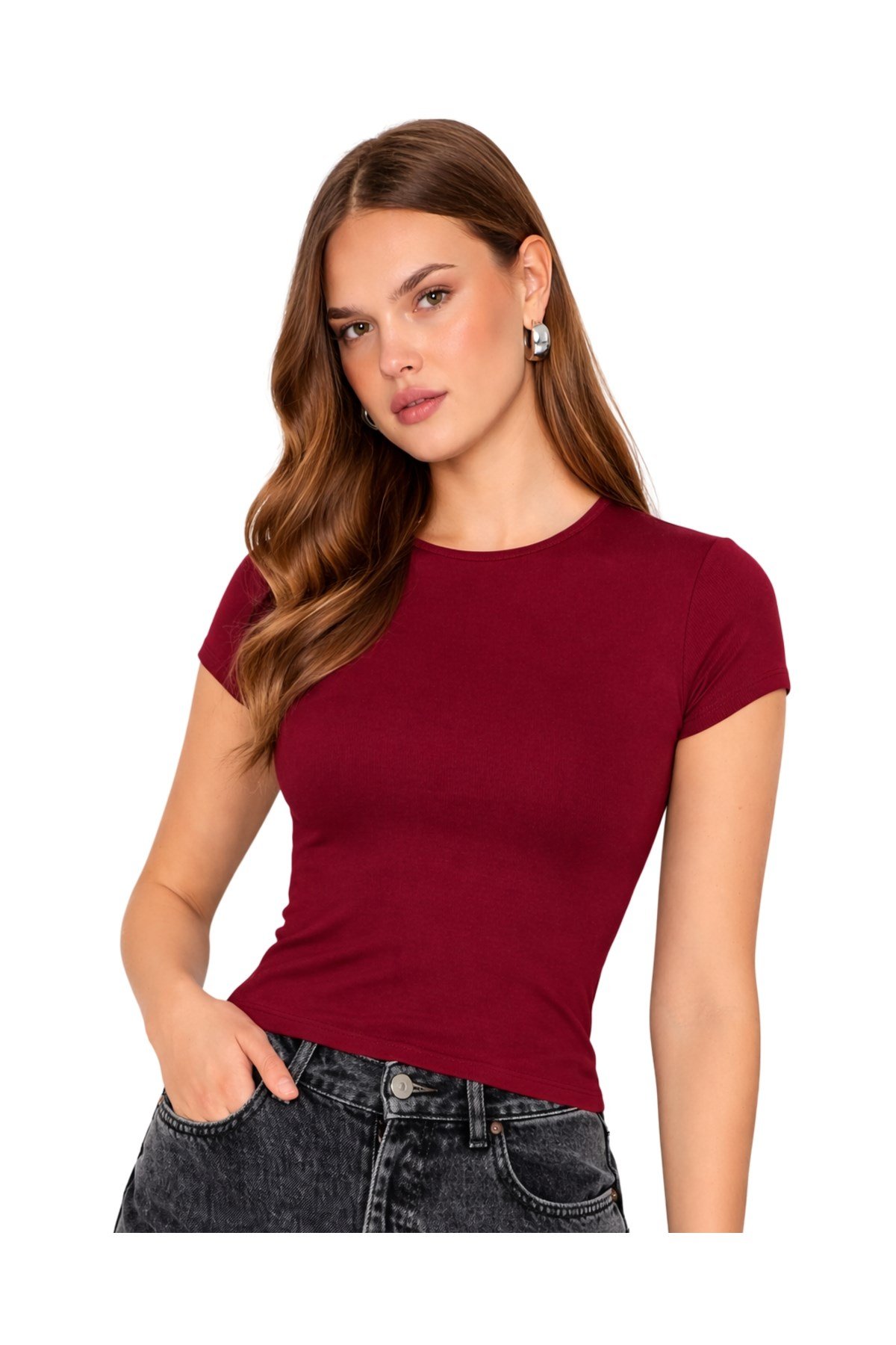 Bordo Bisiklet Yaka Basic Ultra Soft Kadın Kısa Kol Body
