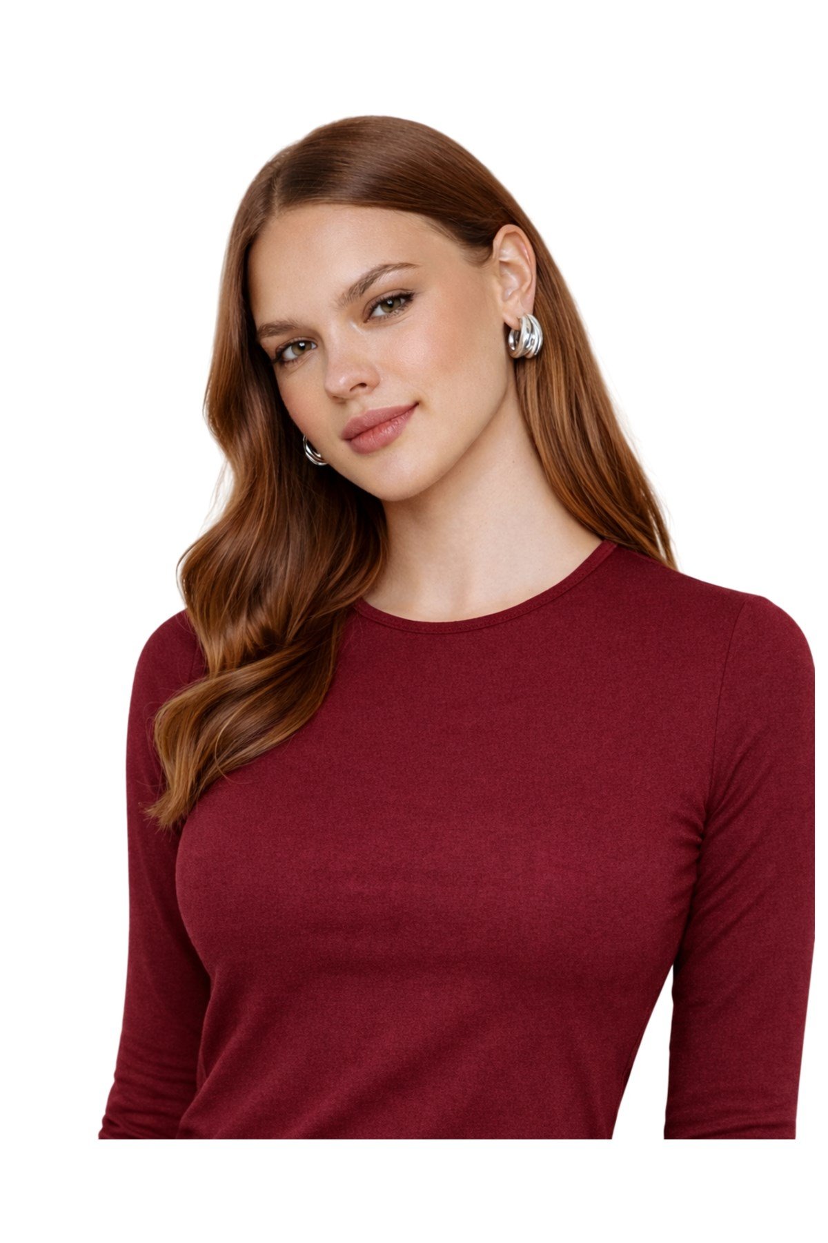 Bordo Bisiklet Yaka Basic Ultra Soft Kadın Uzun Kol Body