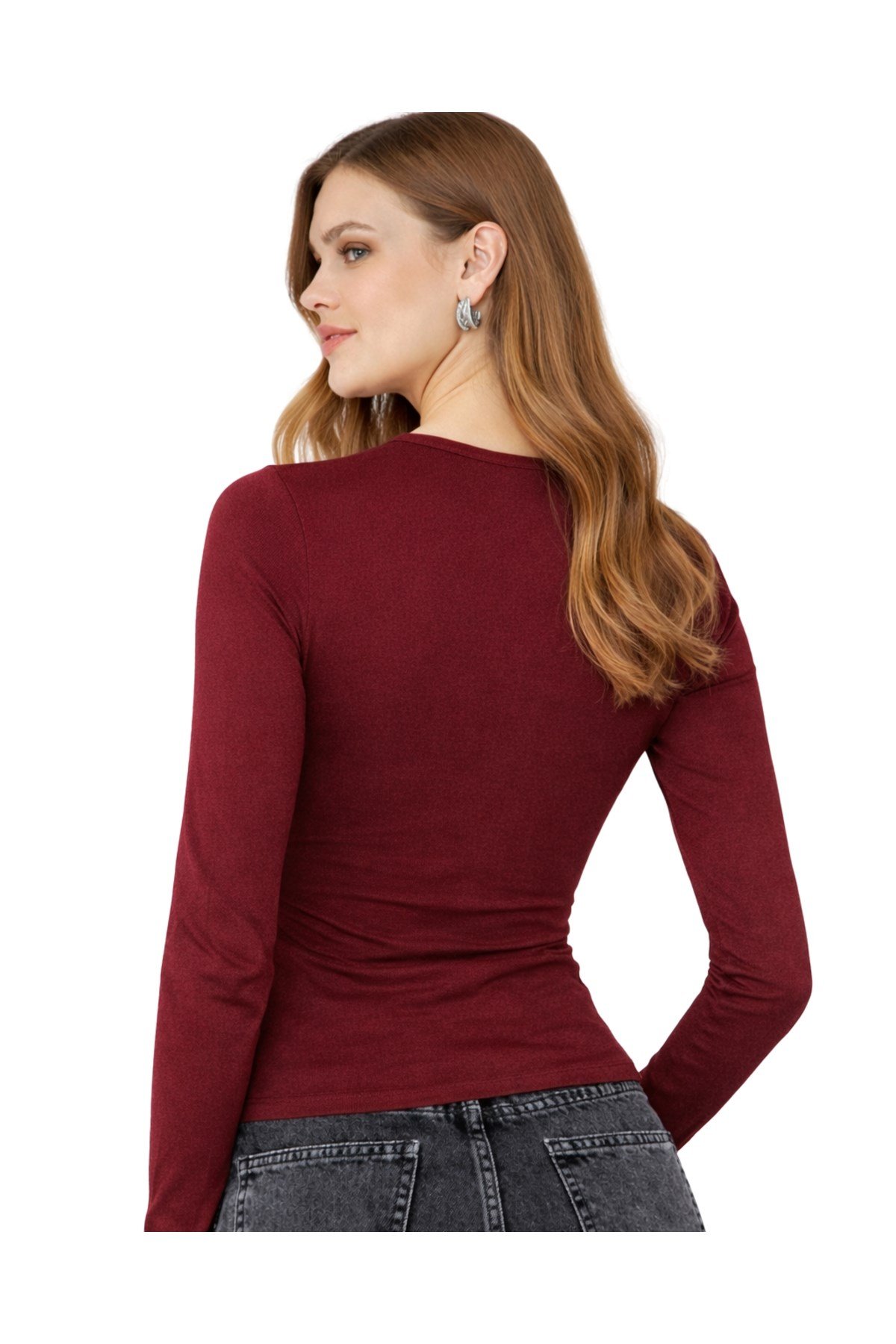 Bordo Bisiklet Yaka Basic Ultra Soft Kadın Uzun Kol Body