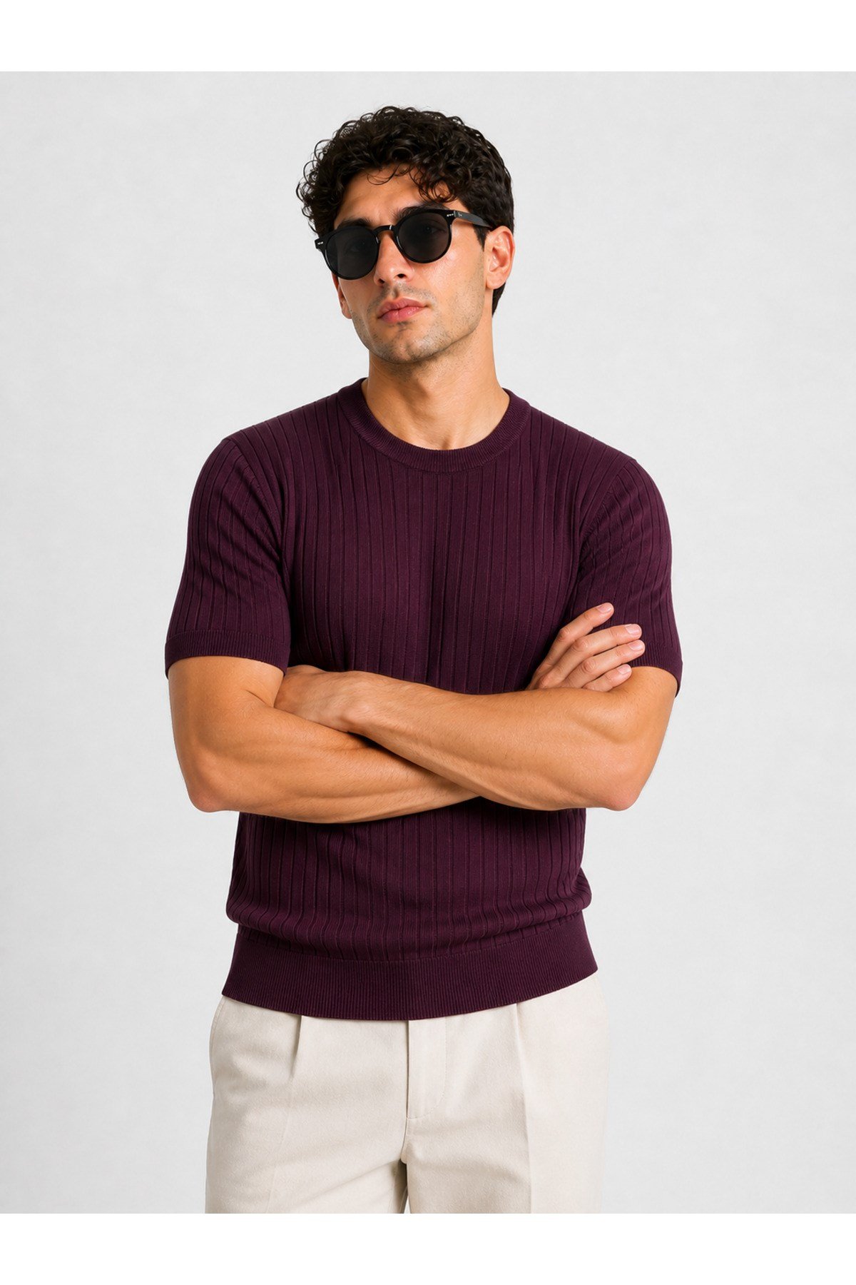 Bordo Bisiklet Yaka Kısa Kol Erkek T-shirt