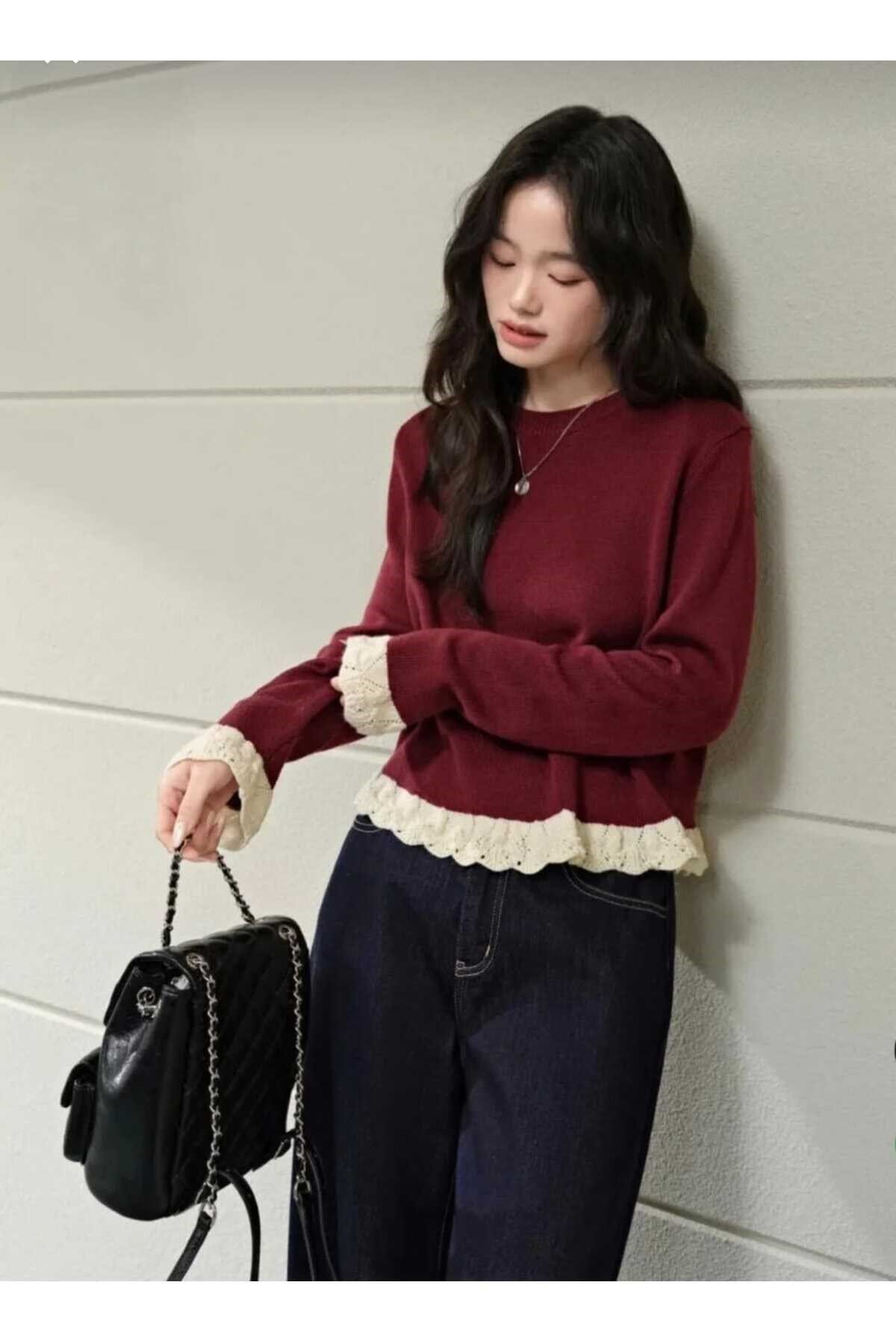 Bordo Bisiklet Yaka Oversize Dantel Detaylı Kadın Triko Kazak