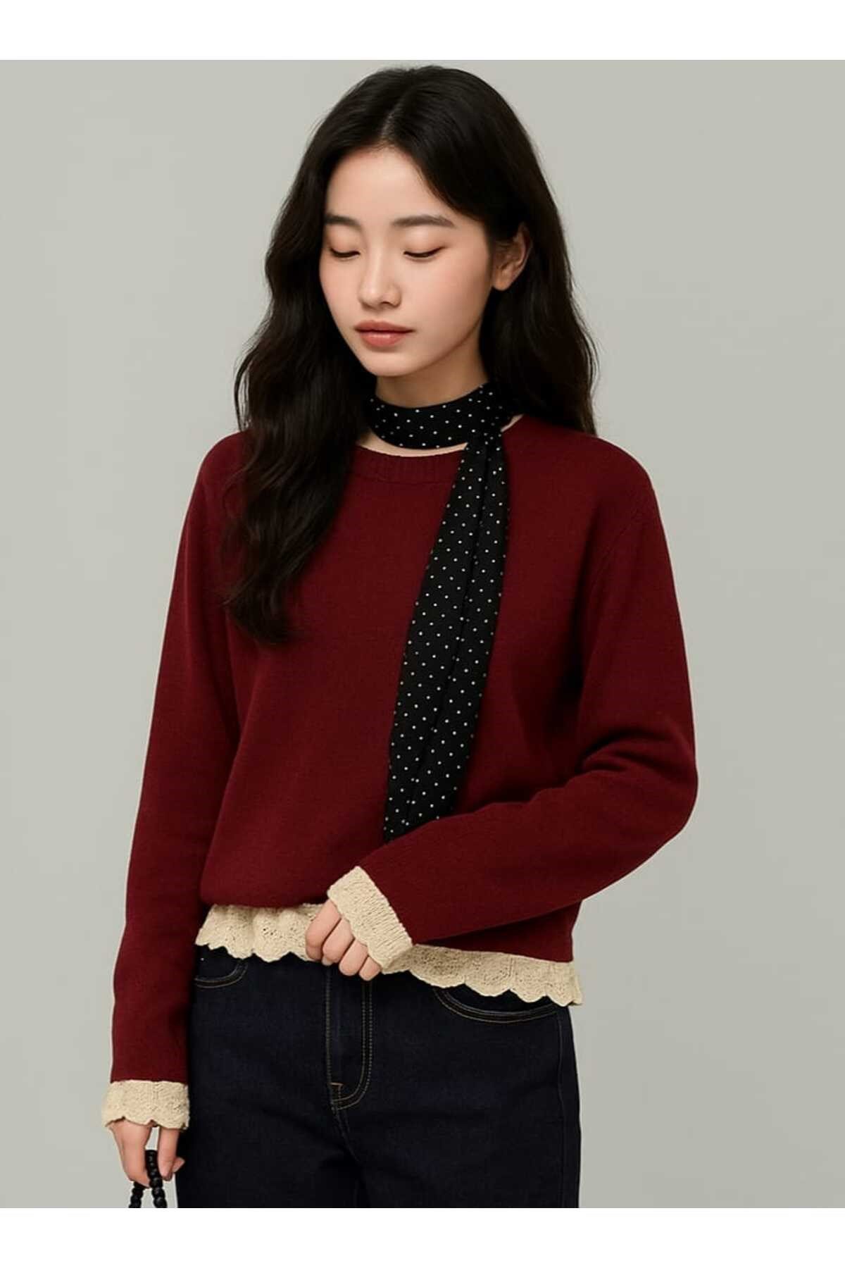 Bordo Bisiklet Yaka Oversize Dantel Detaylı Kadın Triko Kazak