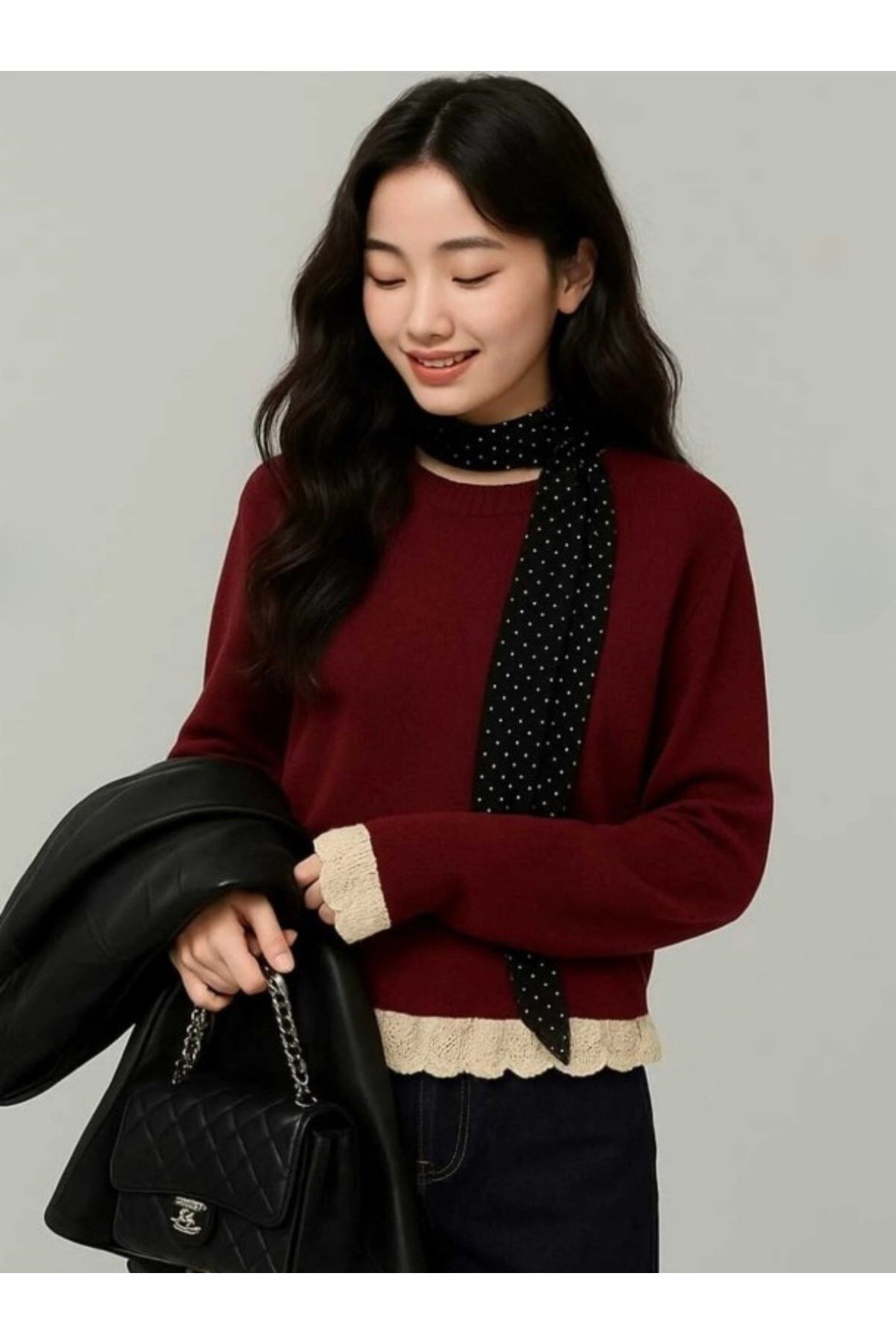 Bordo Bisiklet Yaka Oversize Dantel Detaylı Kadın Triko Kazak