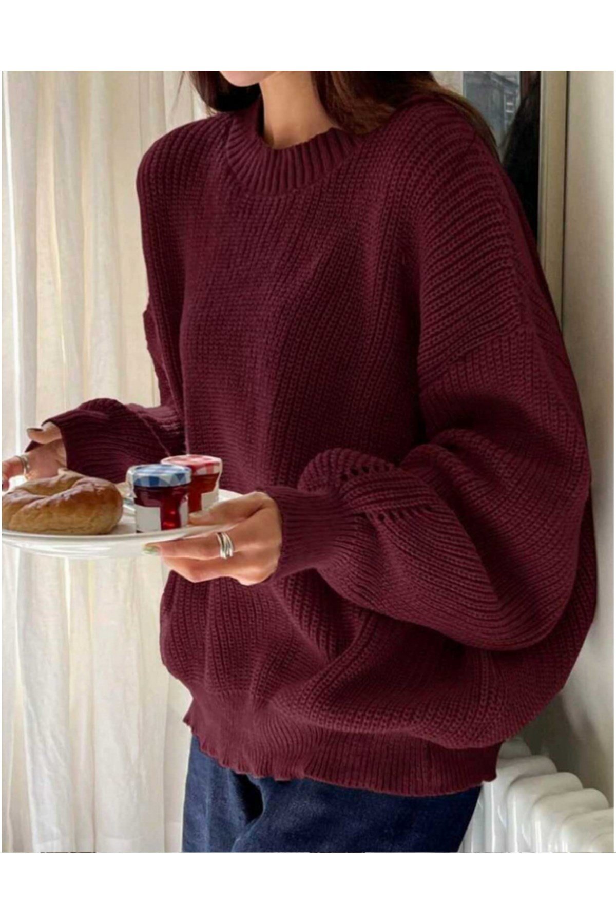 Bordo Bisiklet Yaka Oversize Kadın Triko Kazak