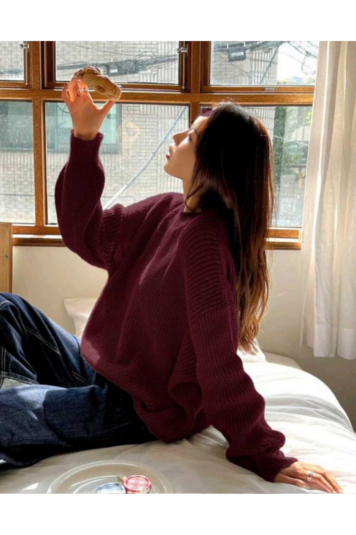 Bordo Bisiklet Yaka Oversize Kadın Triko Kazak