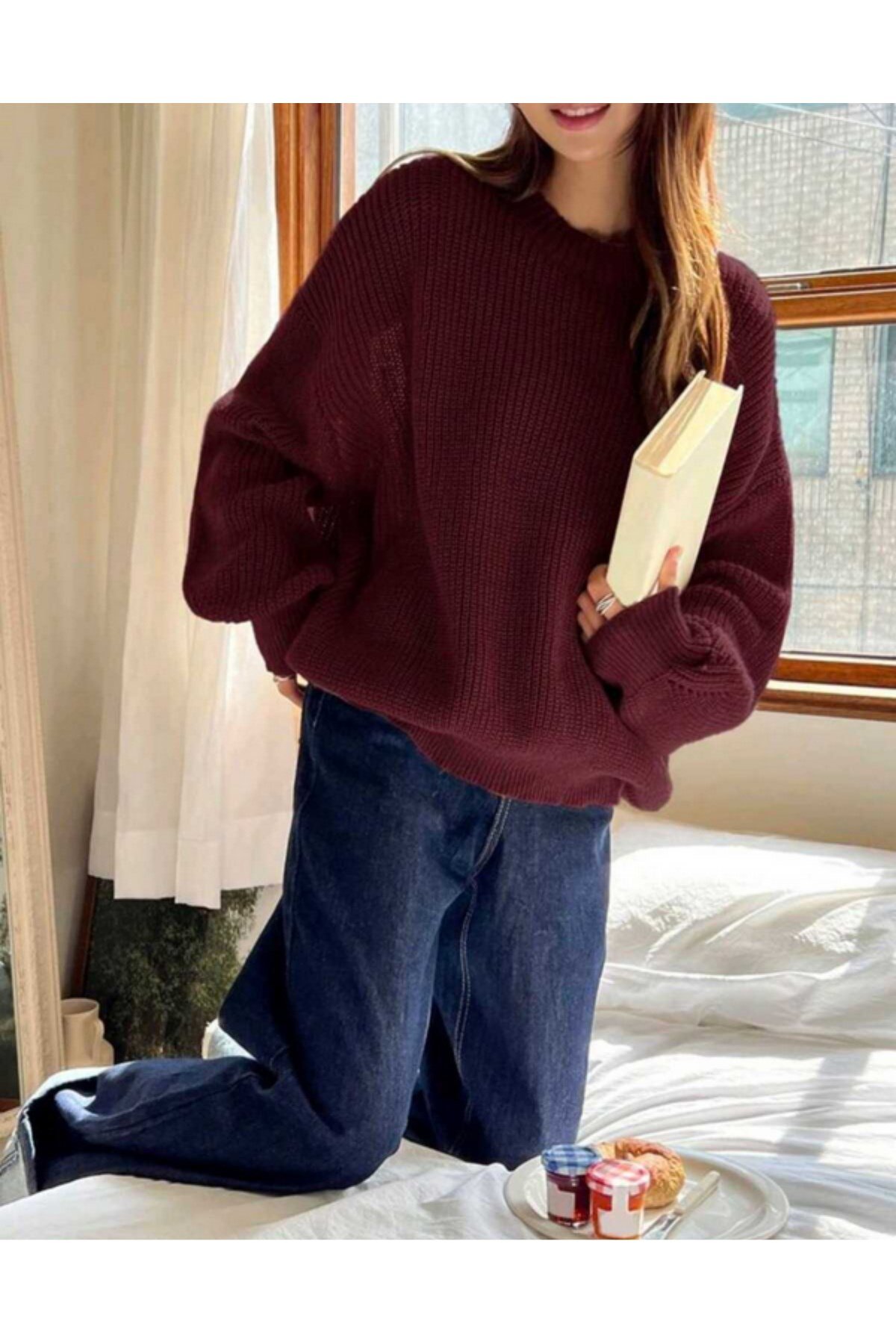 Bordo Bisiklet Yaka Oversize Kadın Triko Kazak