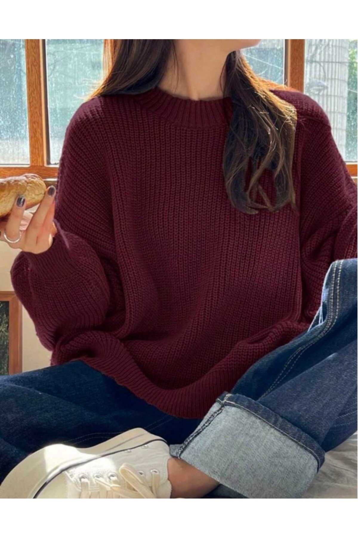Bordo Bisiklet Yaka Oversize Kadın Triko Kazak