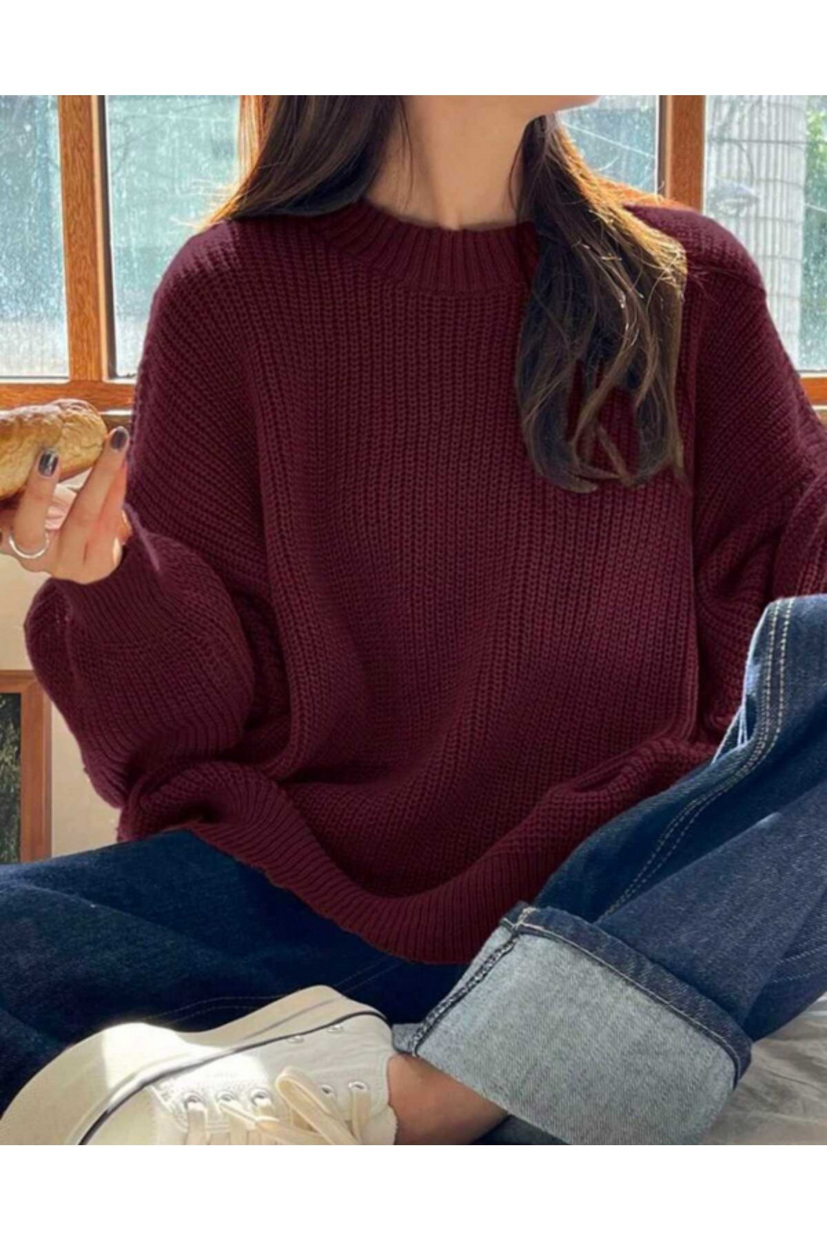 Bordo Bisiklet Yaka Oversize Kadın Triko Kazak