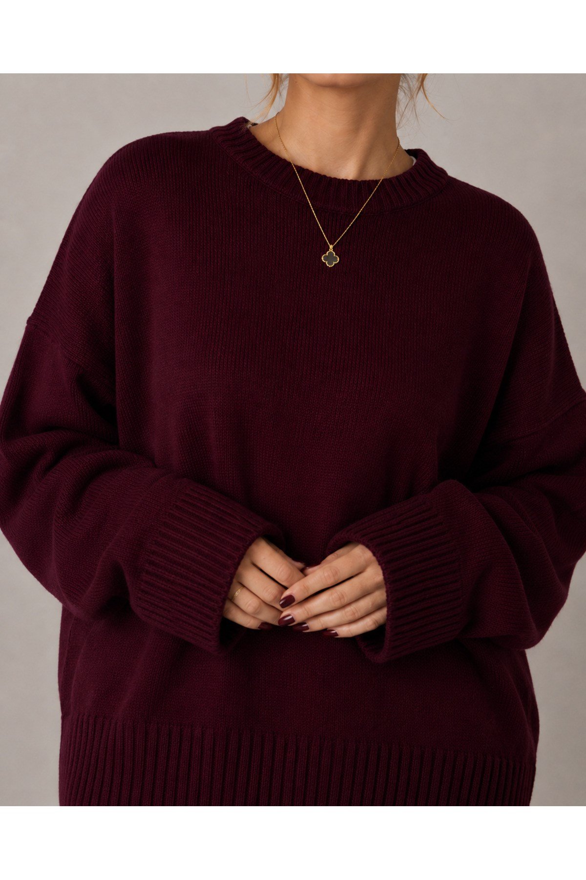 Bordo Bisiklet Yaka Oversize Kadın Triko Kazak