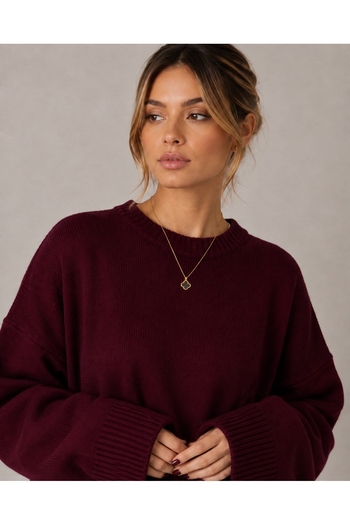 Bordo Bisiklet Yaka Oversize Kadın Triko Kazak