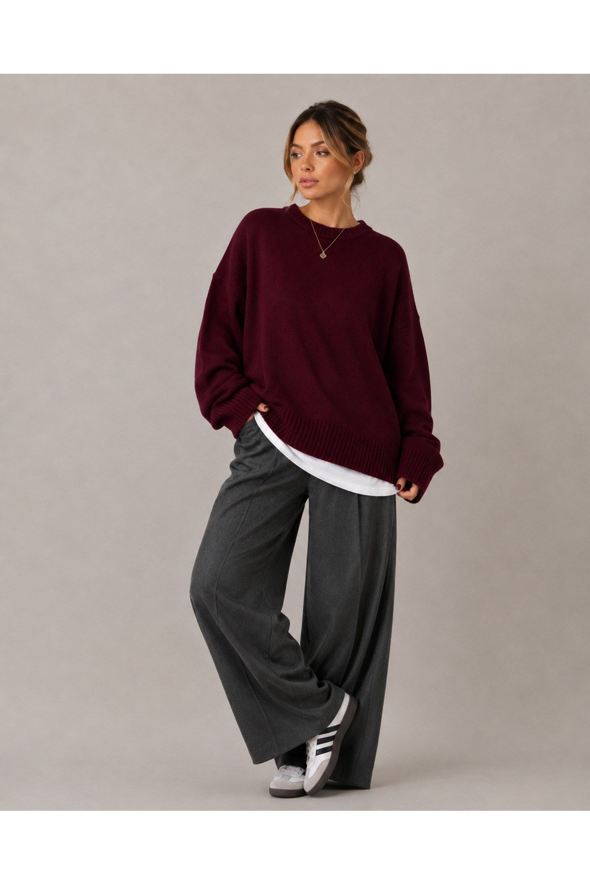 Bordo Bisiklet Yaka Oversize Kadın Triko Kazak