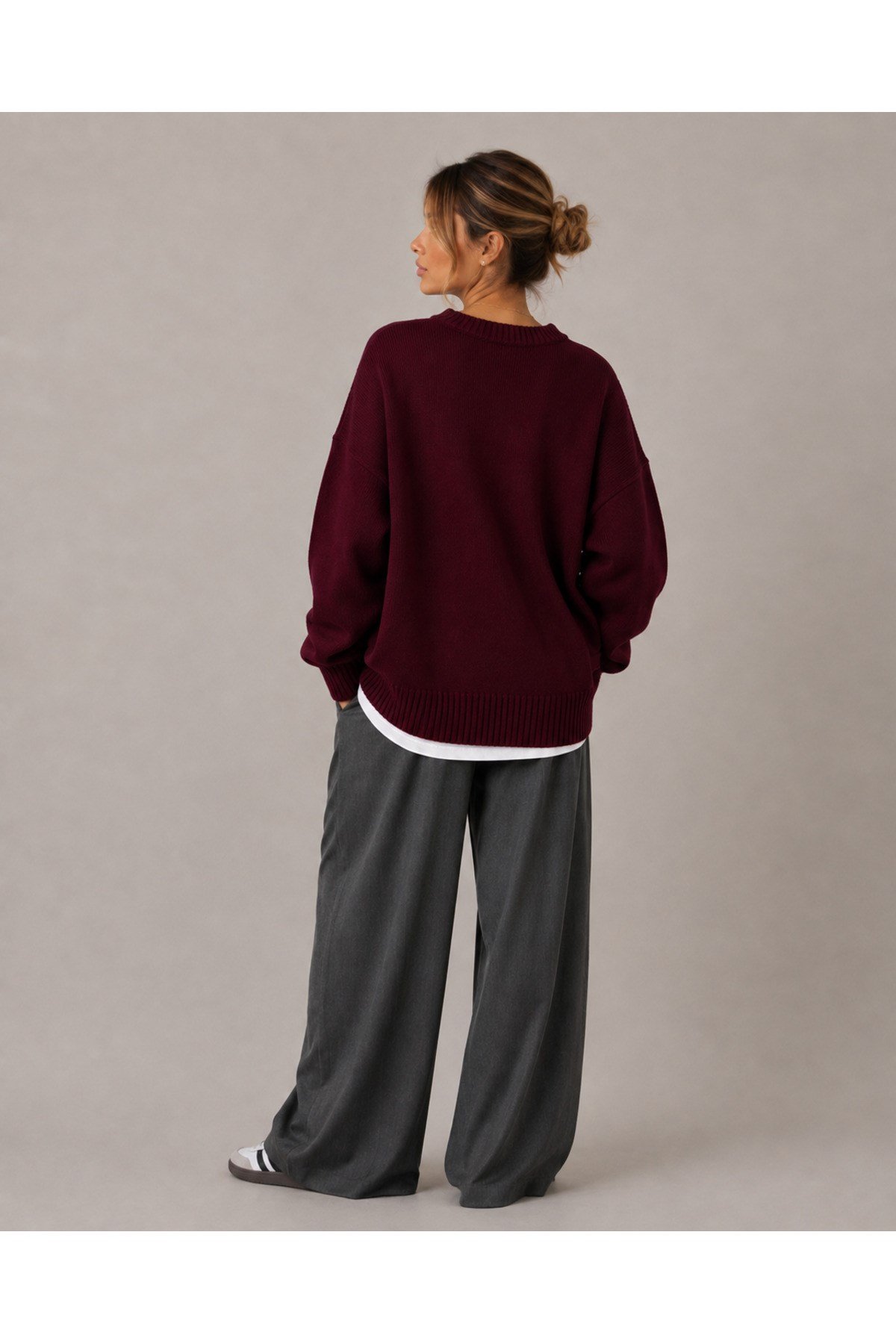 Bordo Bisiklet Yaka Oversize Kadın Triko Kazak