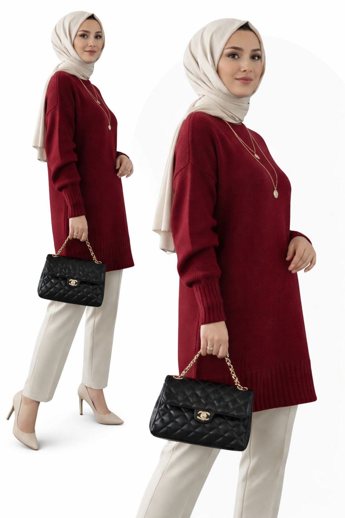 Bordo Bisiklet Yaka Oversize Triko Tunik