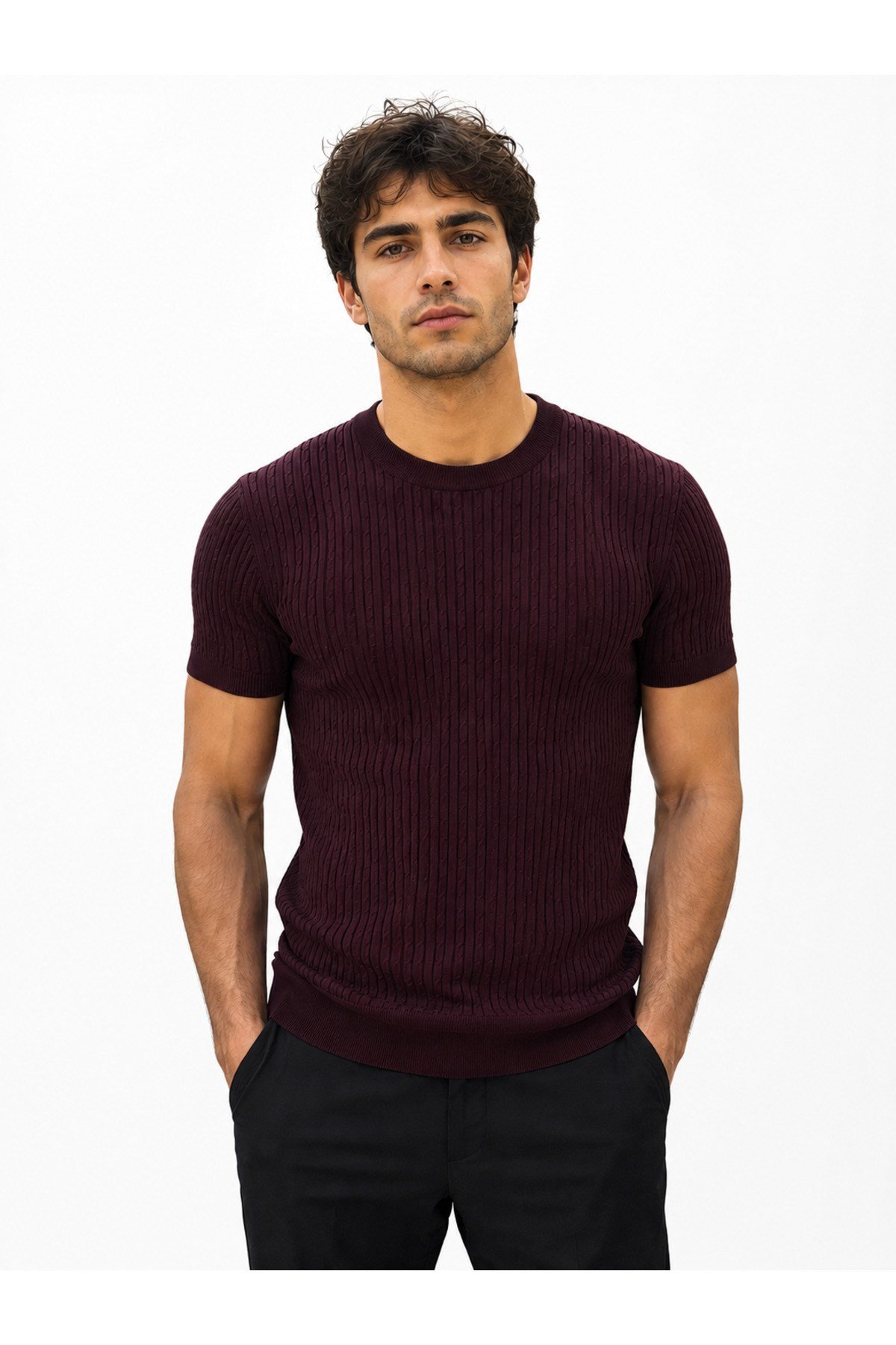Bordo Bisiklet Yaka Saç Örgü Desenli Kısa Kol Slim Fit Erkek T-shirt