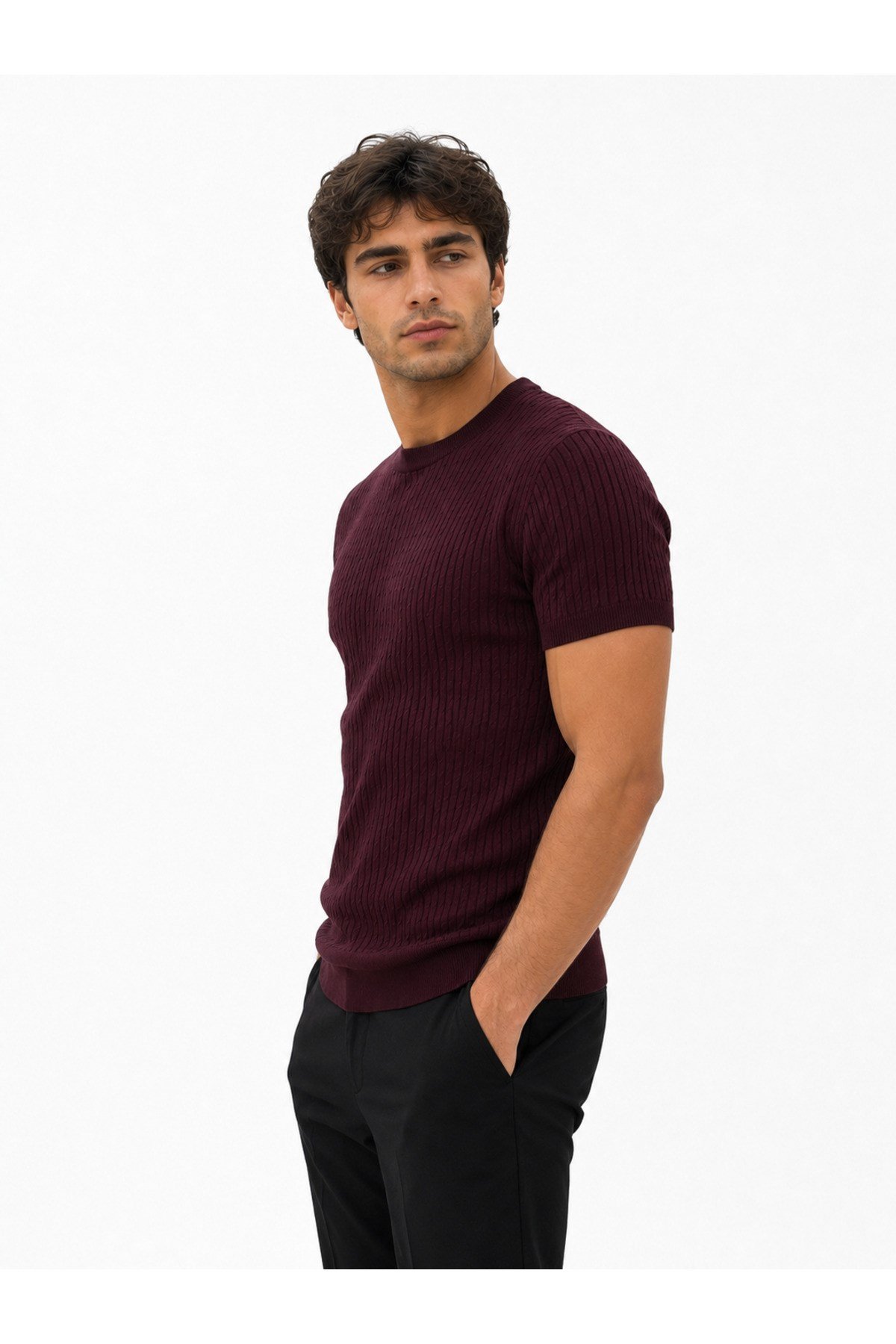 Bordo Bisiklet Yaka Saç Örgü Desenli Kısa Kol Slim Fit Erkek T-shirt