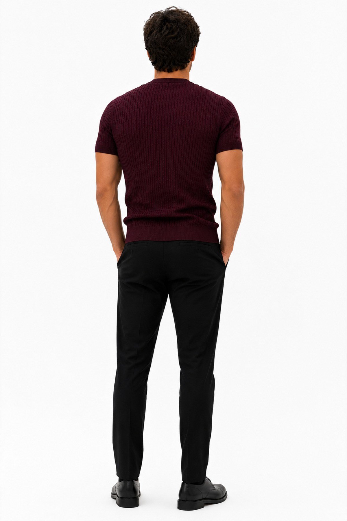 Bordo Bisiklet Yaka Saç Örgü Desenli Kısa Kol Slim Fit Erkek T-shirt