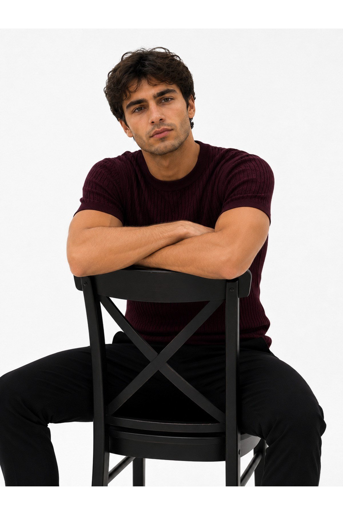 Bordo Bisiklet Yaka Saç Örgü Desenli Kısa Kol Slim Fit Erkek T-shirt