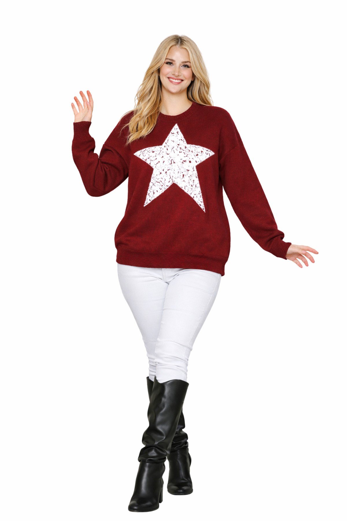 Bordo Bisiklet Yaka Yıldız Desenli Oversize Kadın Triko Kazak