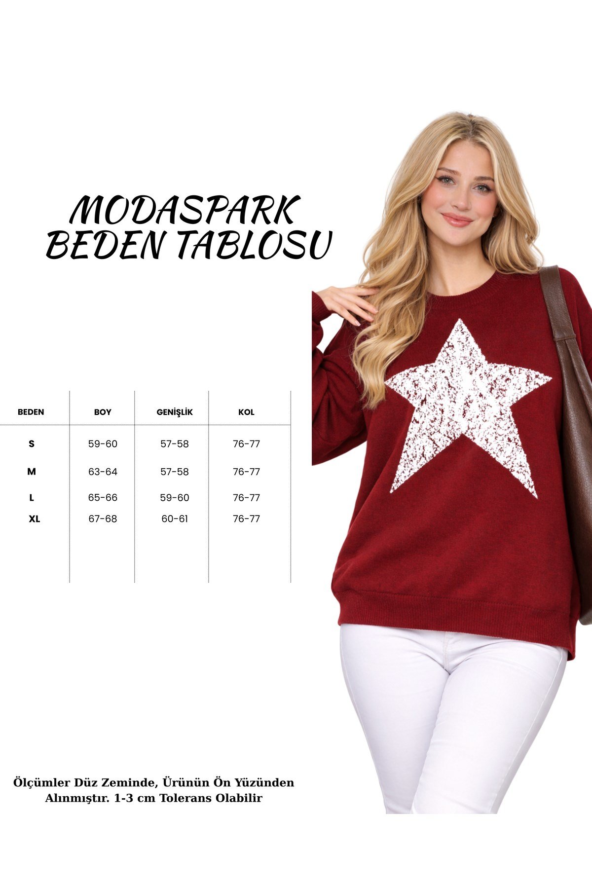 Bordo Bisiklet Yaka Yıldız Desenli Oversize Kadın Triko Kazak