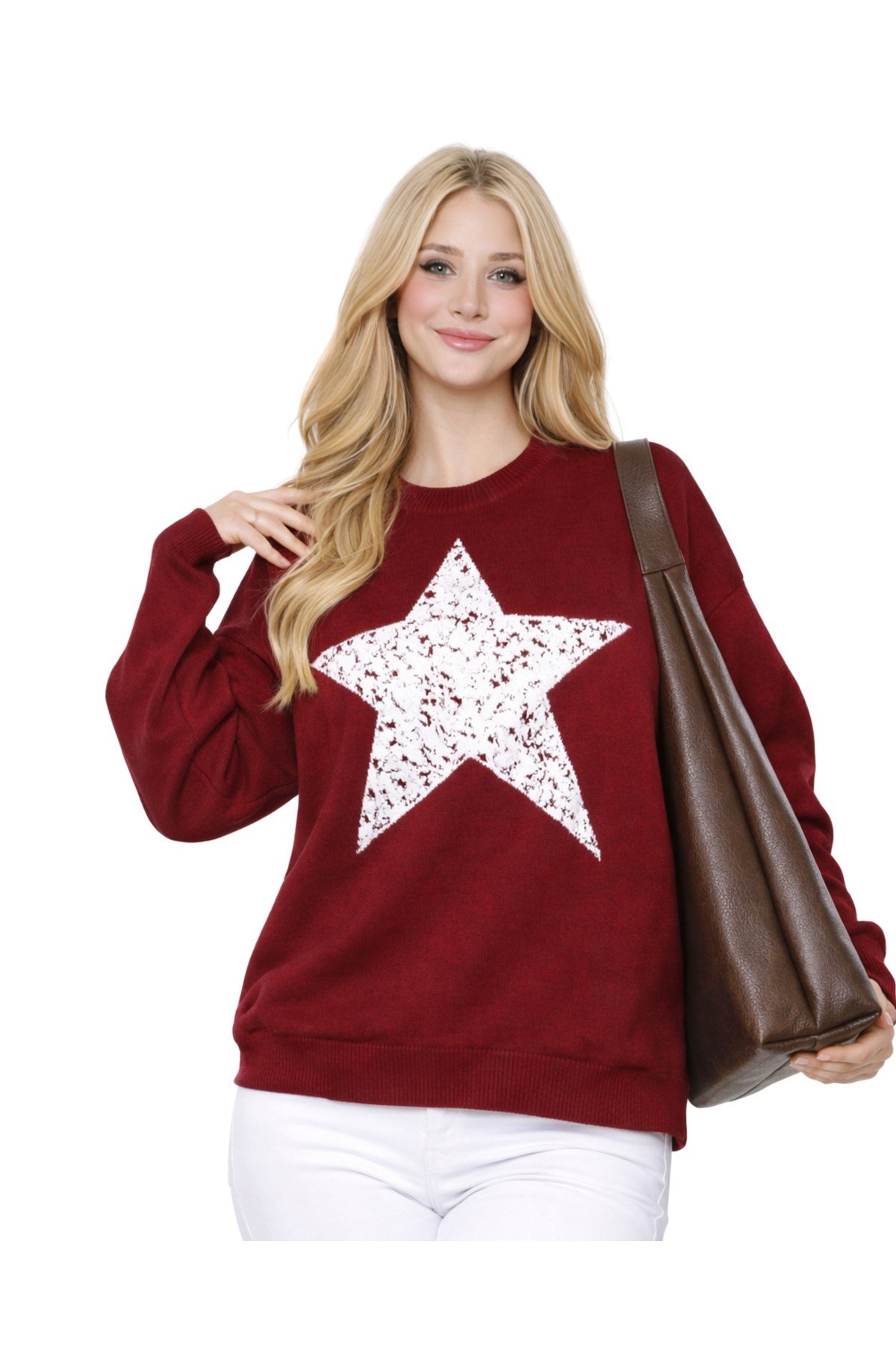 Bordo Bisiklet Yaka Yıldız Desenli Oversize Kadın Triko Kazak