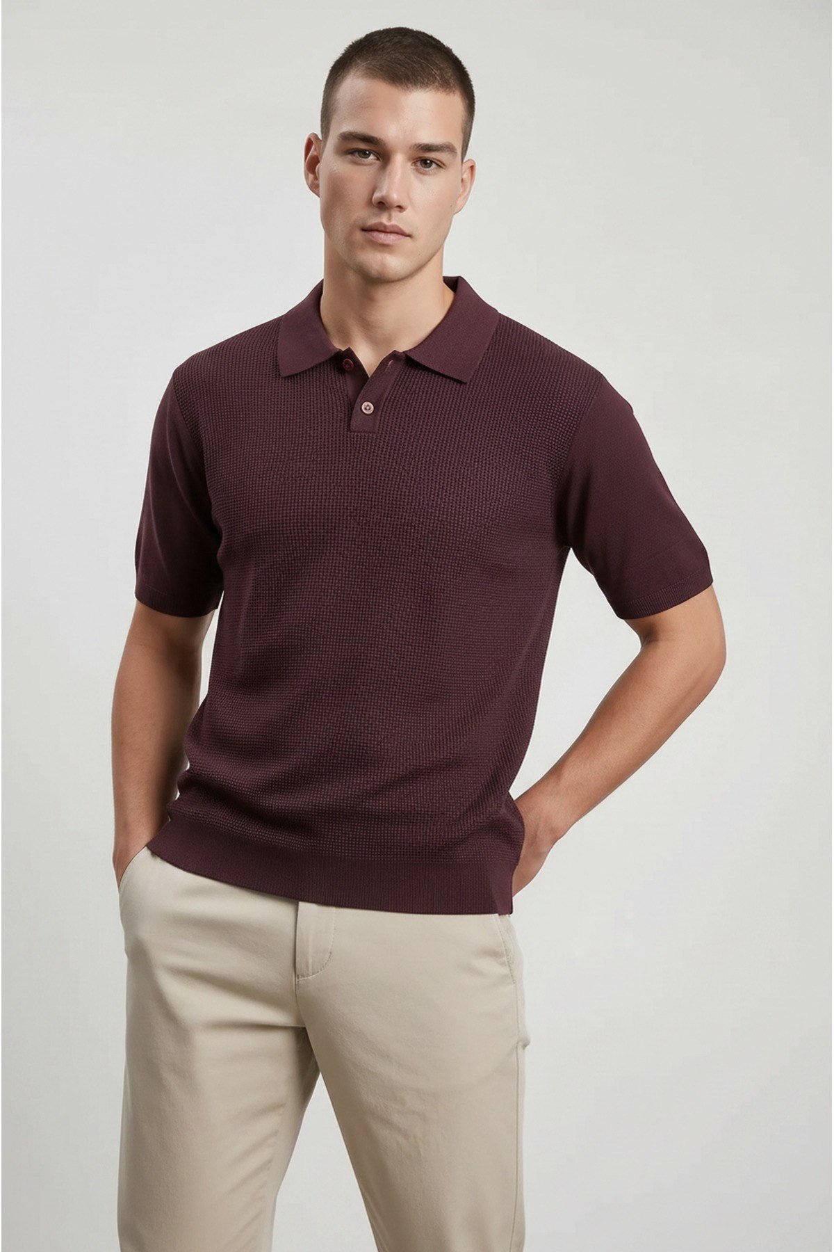 Bordo Erkek Polo Yaka Düğmeli Kısa Kol T-Shirt