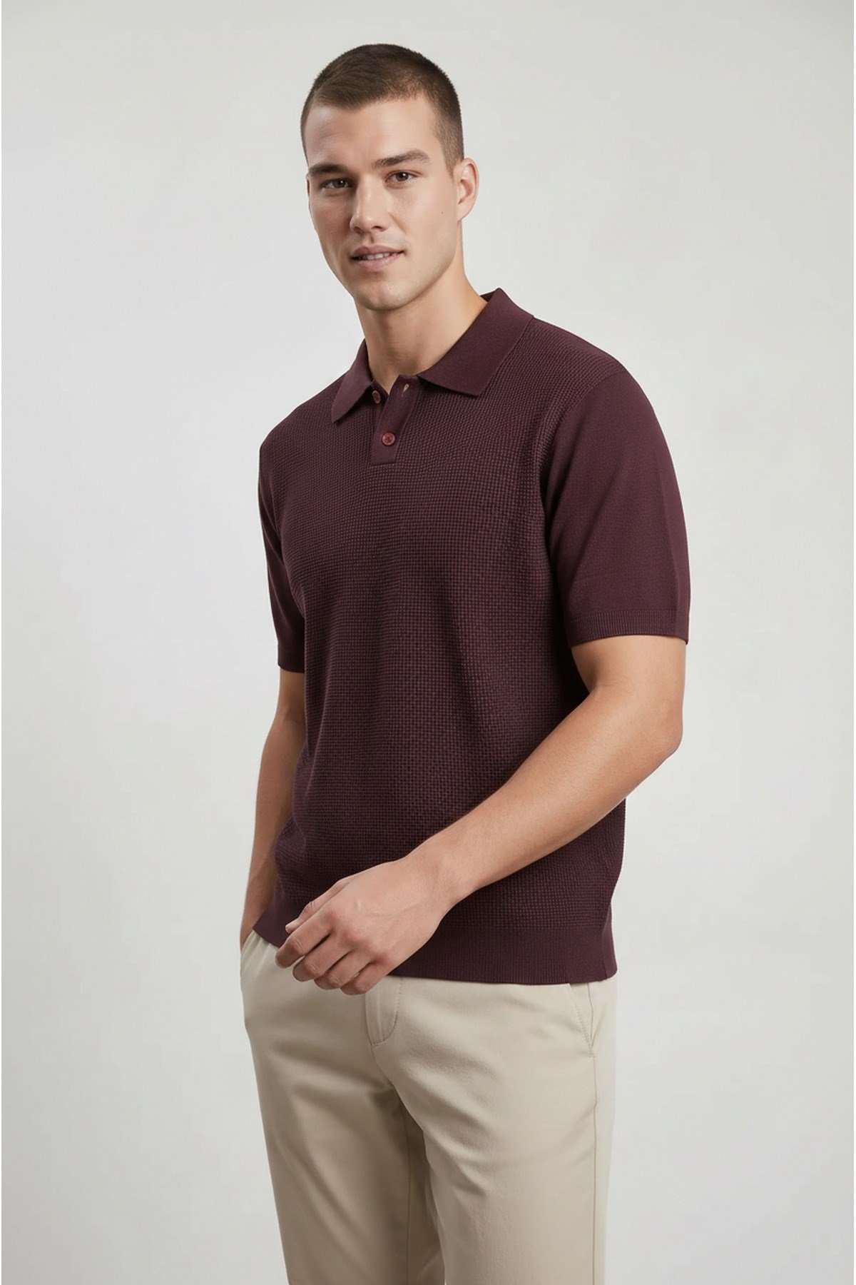 Bordo Erkek Polo Yaka Düğmeli Kısa Kol T-Shirt