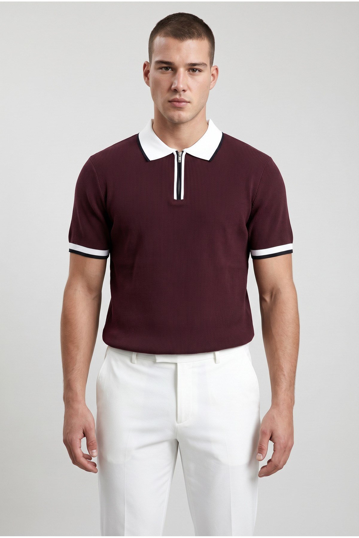 Bordo Polo Yaka Fermuarlı Kısa Kol Erkek T-shirt
