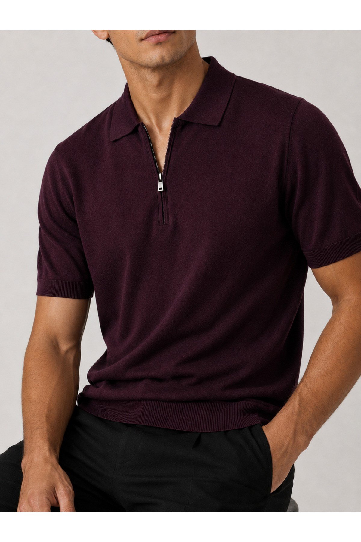 Bordo Polo Yaka Fermuarlı Kısa Kol Erkek Tişört